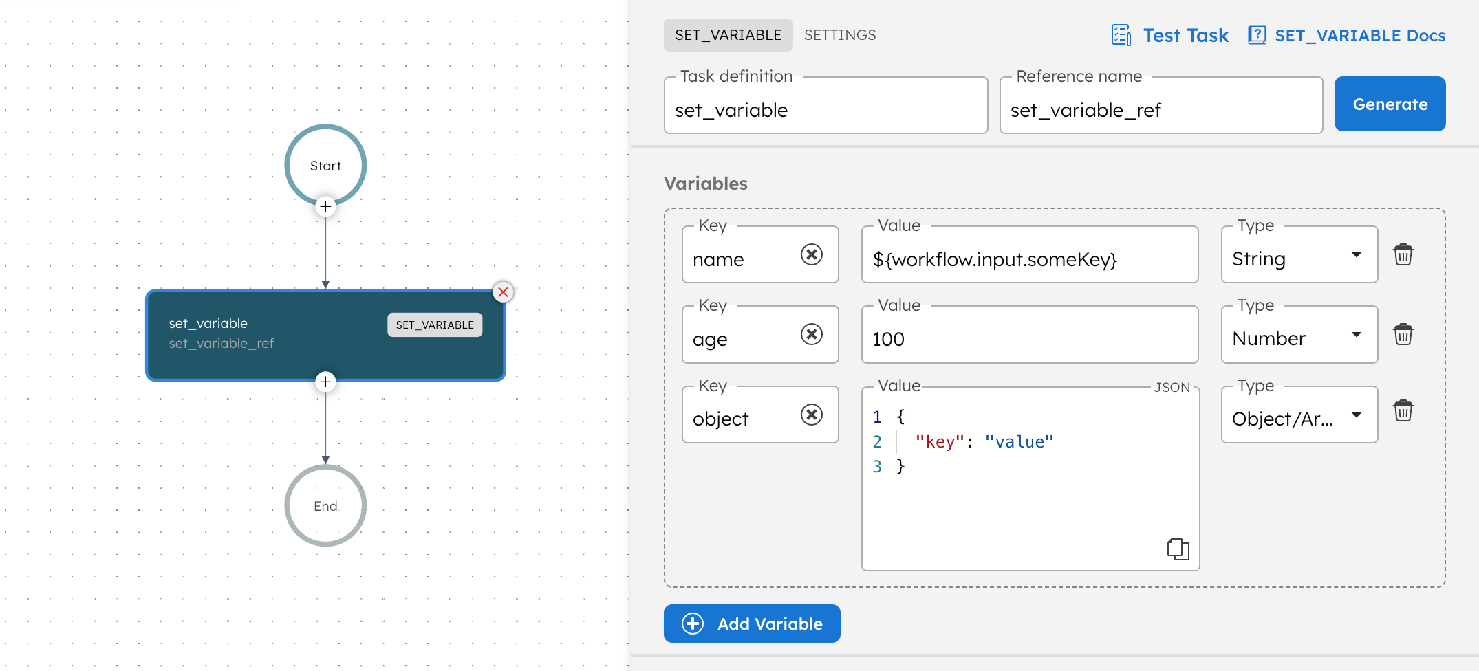 Screenshot of Set Variable Task in Orkes Conductor