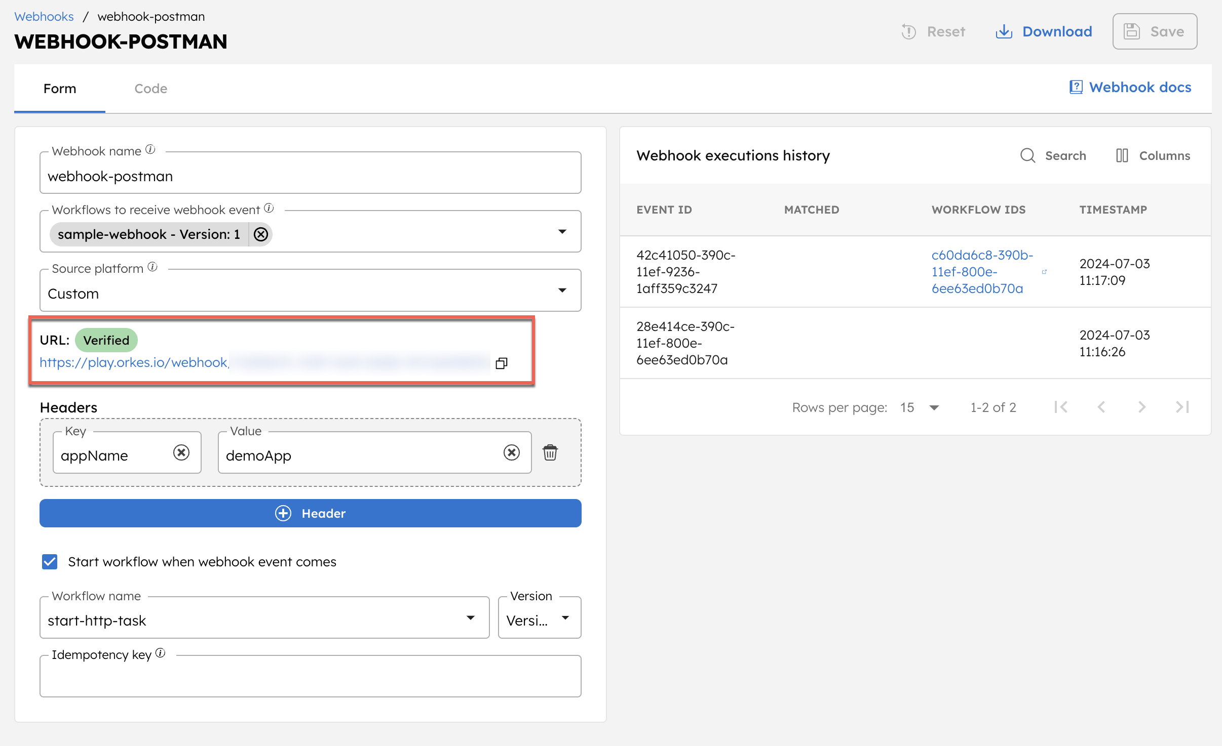 Webhook with a verified UR