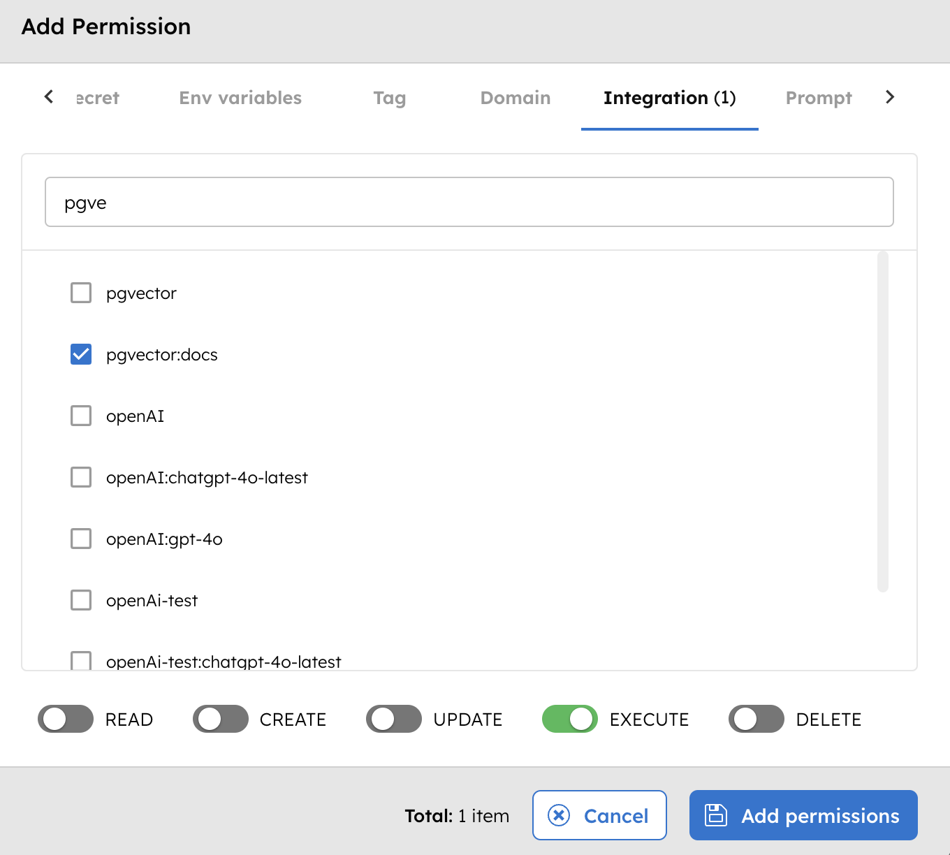 Add Permissions for Postgres Vector Database Integration
