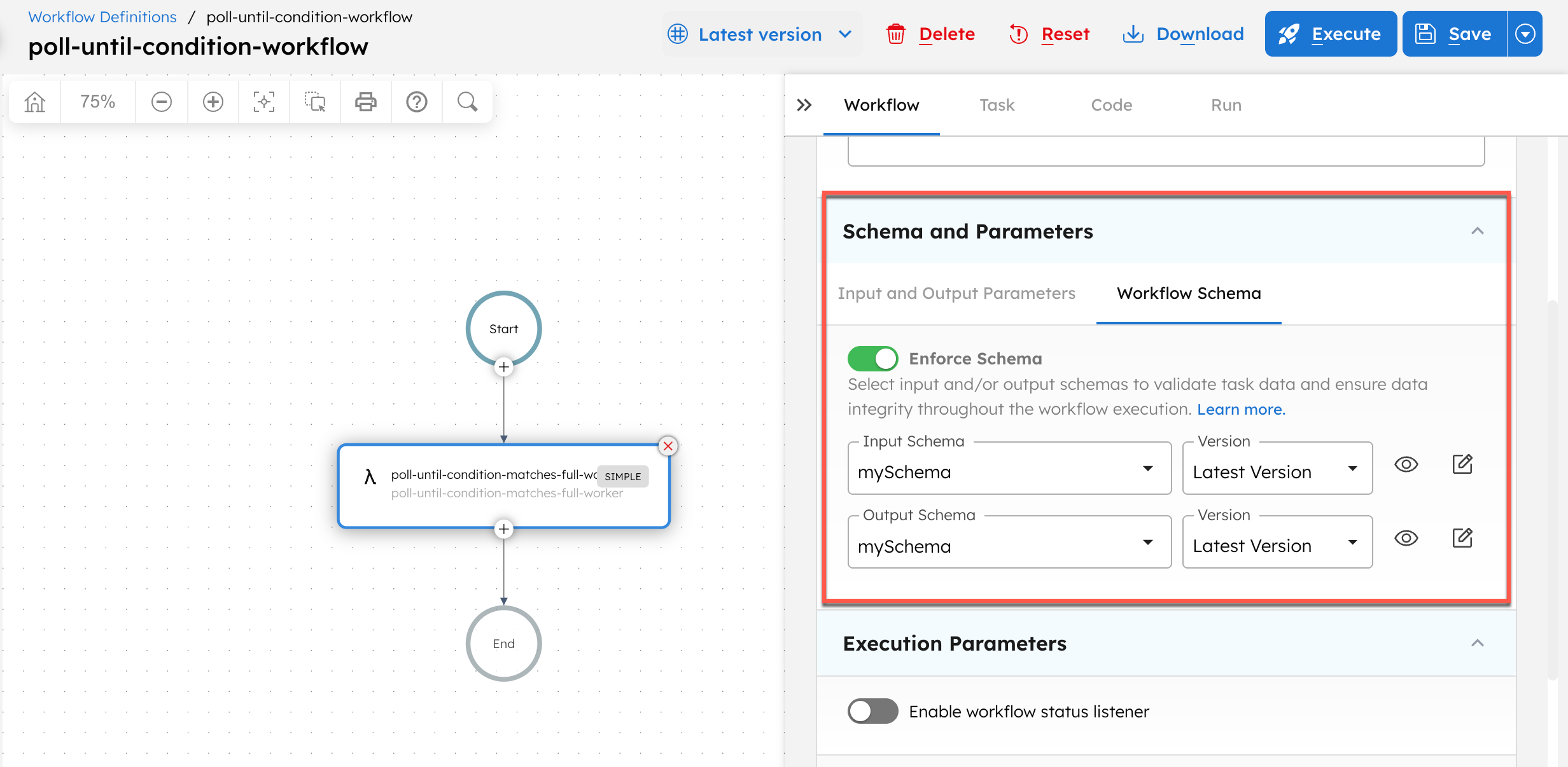 Screenshot of adding a schema to the workflow definition.