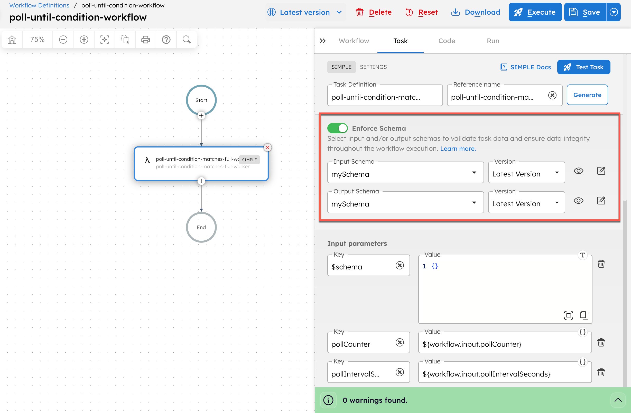 Screenshot of adding a schema to a task configuration in the workflow definition.