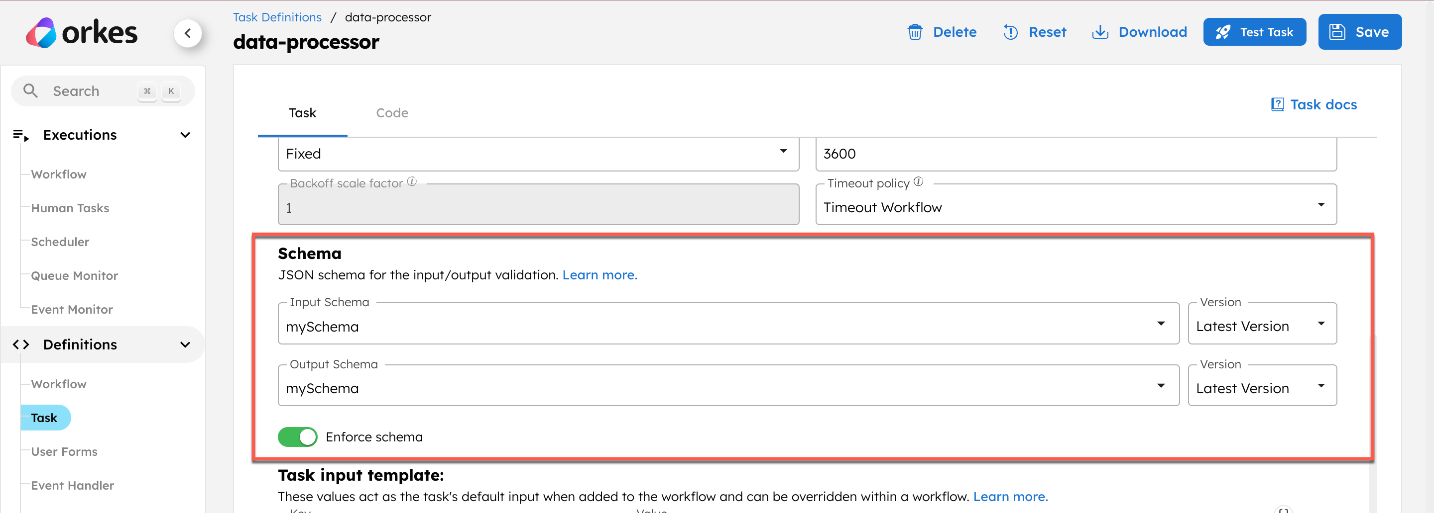 Screenshot of adding a schema to a task definition.