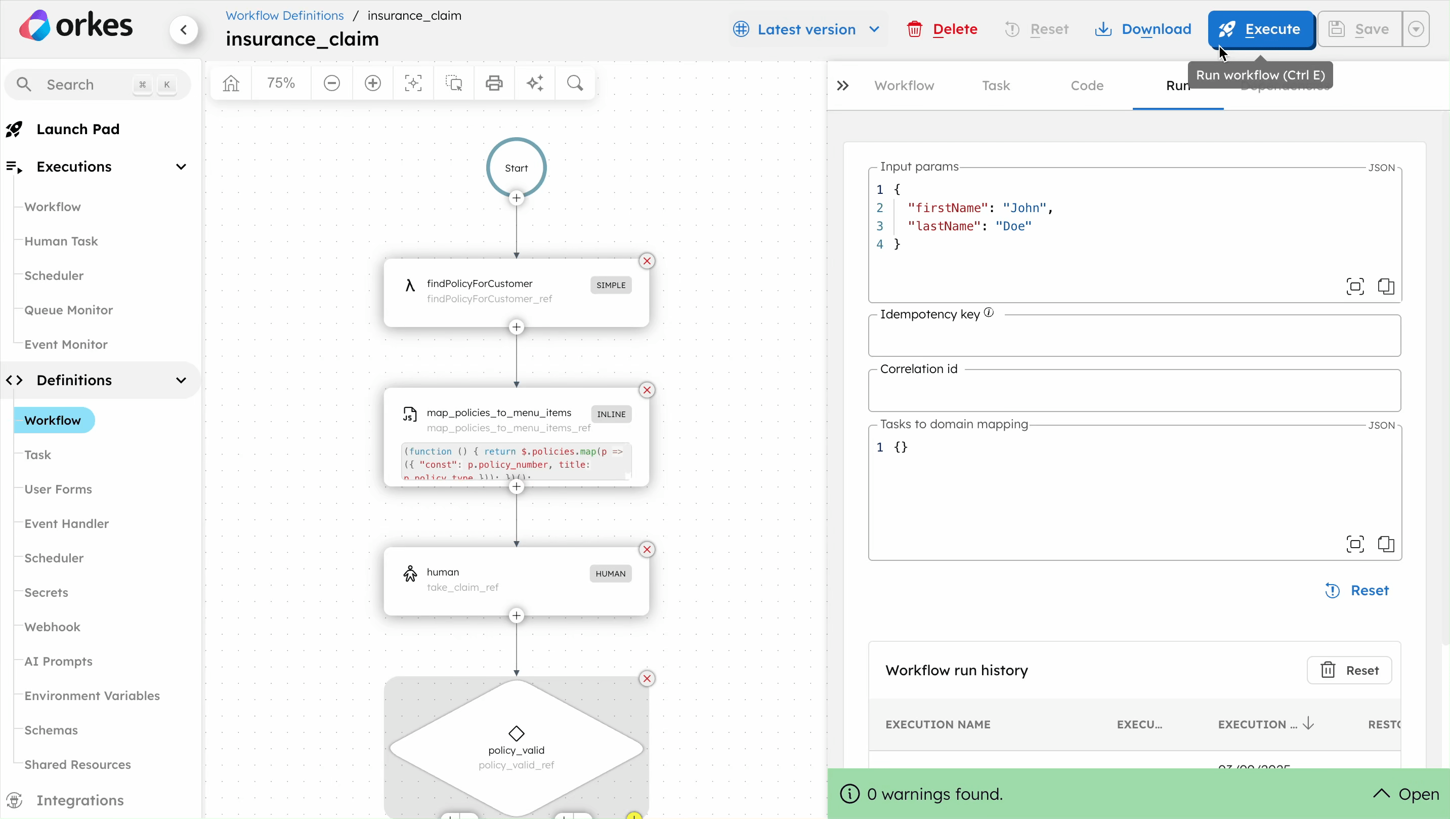 Claims workflow execution