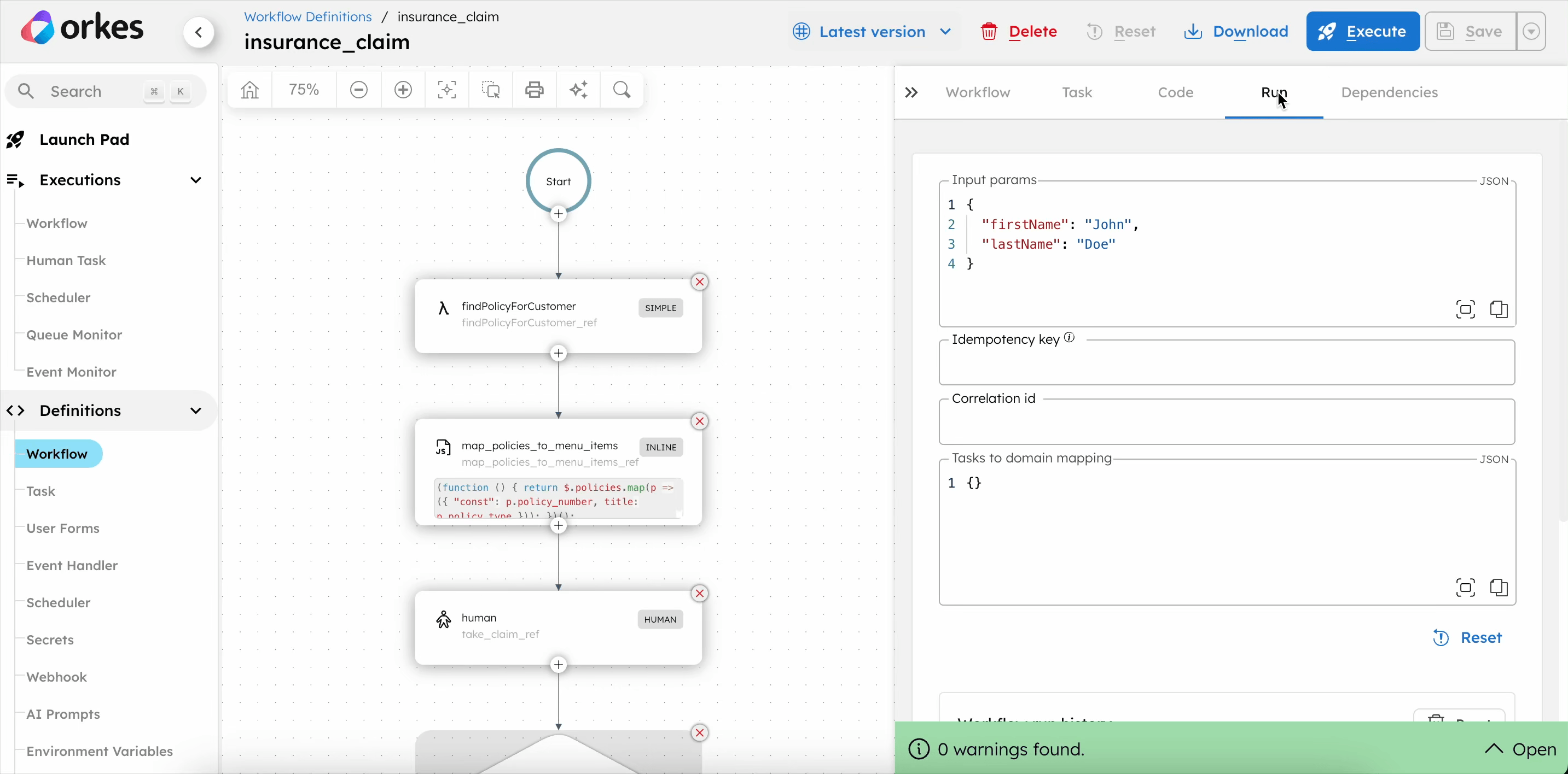 Claims workflow execution