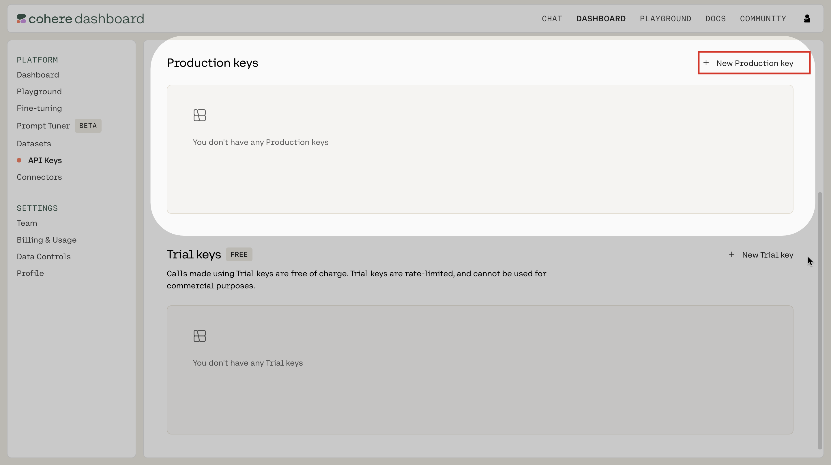 Creating Cohere production API key