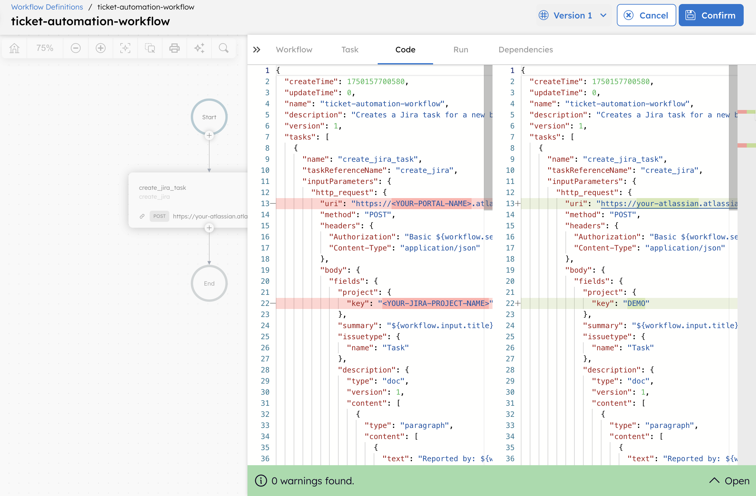 Orkes Conductor UI displaying the workflow changes made