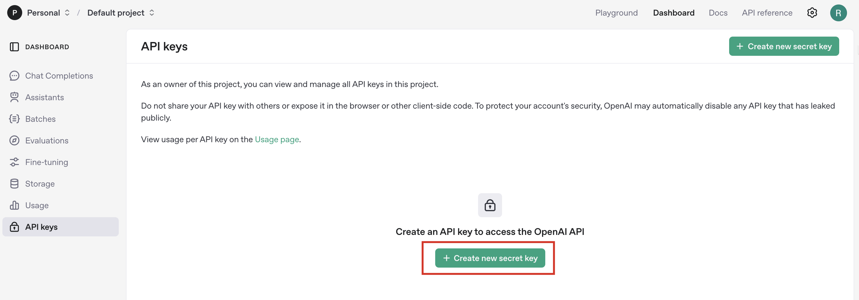 Create new API Keys in OpenAI API platform