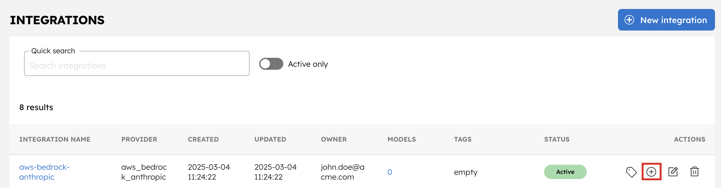 Create AWS Bedrock Anthropic Integration Model from Listed Integrations