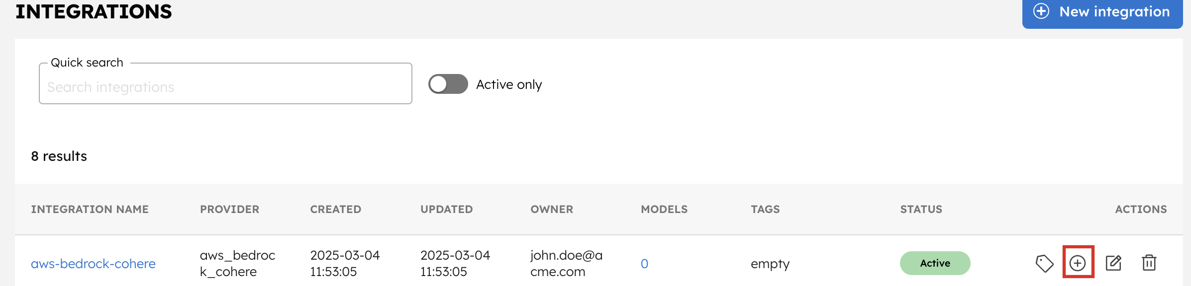 Create AWS Bedrock Cohere Integration Model from Listed Integrations