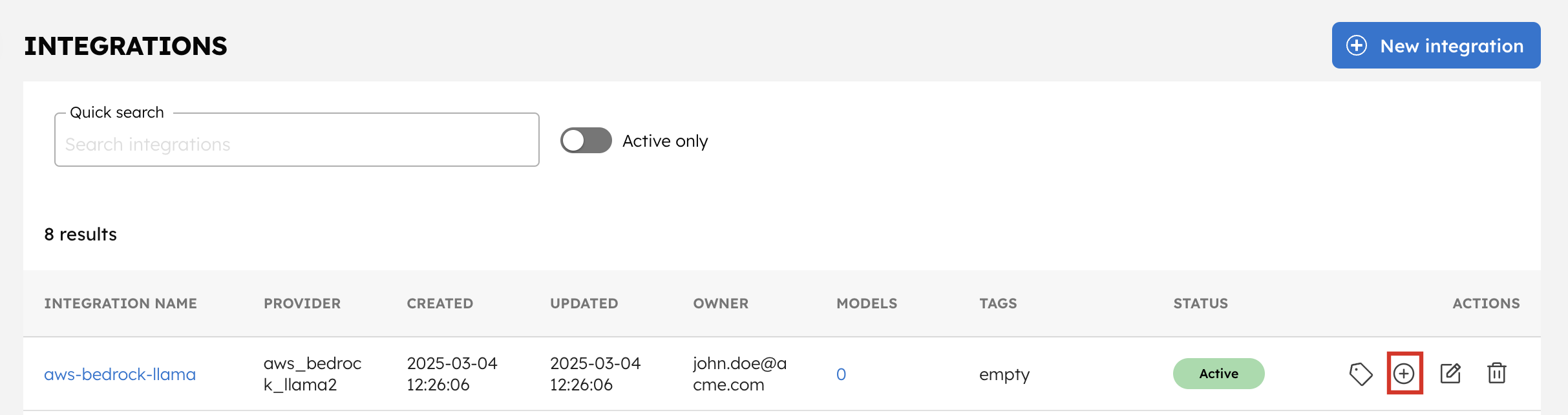 Create AWS Bedrock Llama 2 Integration Model from Listed Integrations