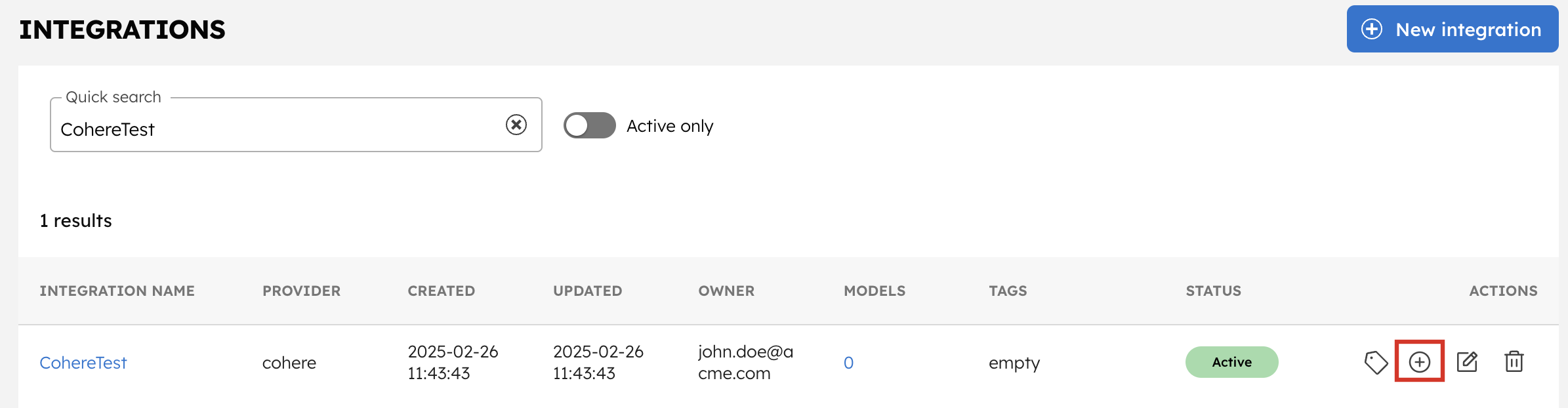 Create Cohere Integration Model from Listed Integrations