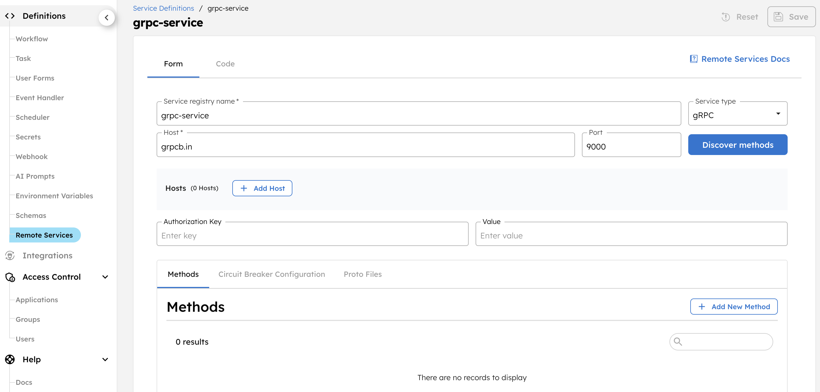 Creating sample service registry definition for gRPC services
