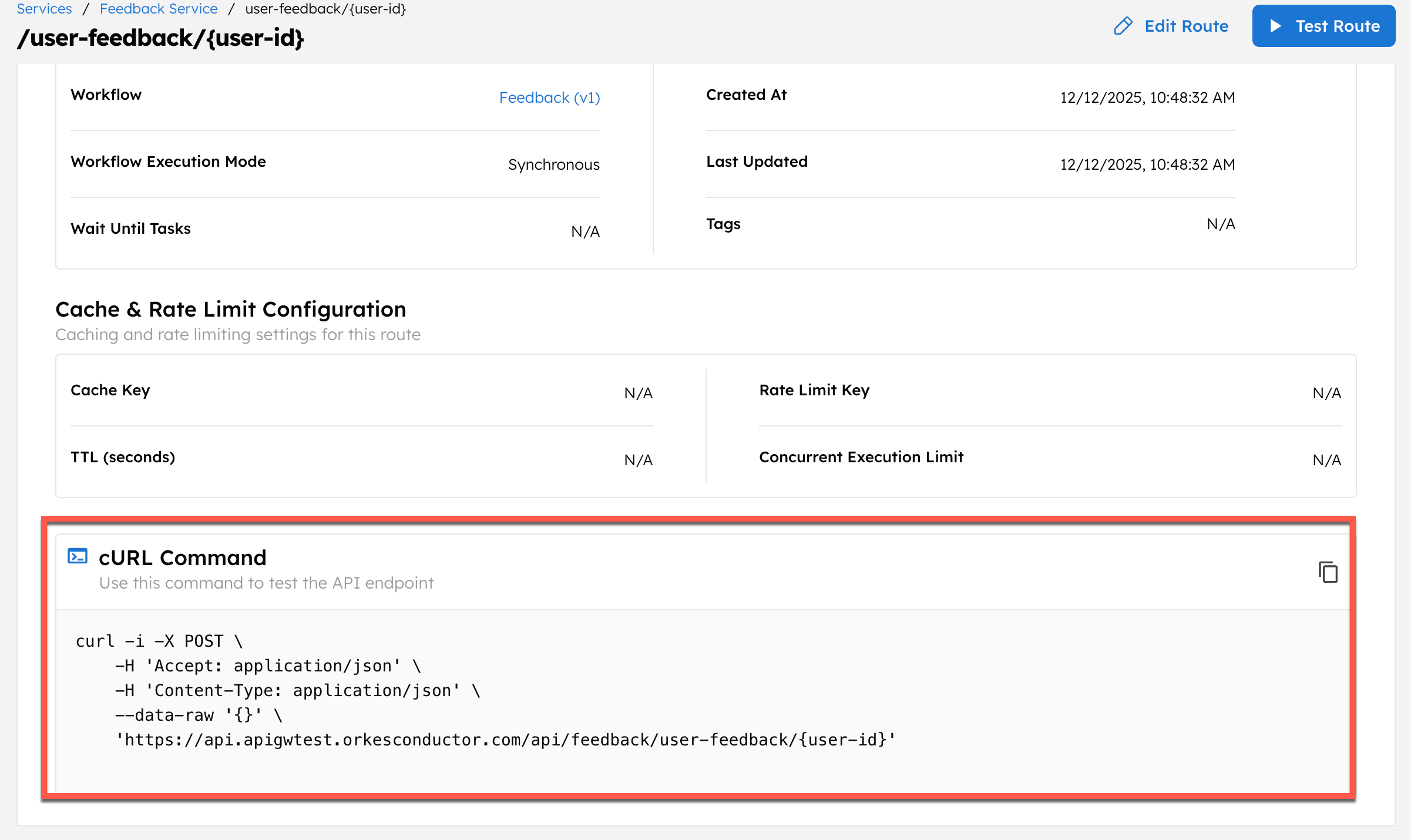 Curl command for the route