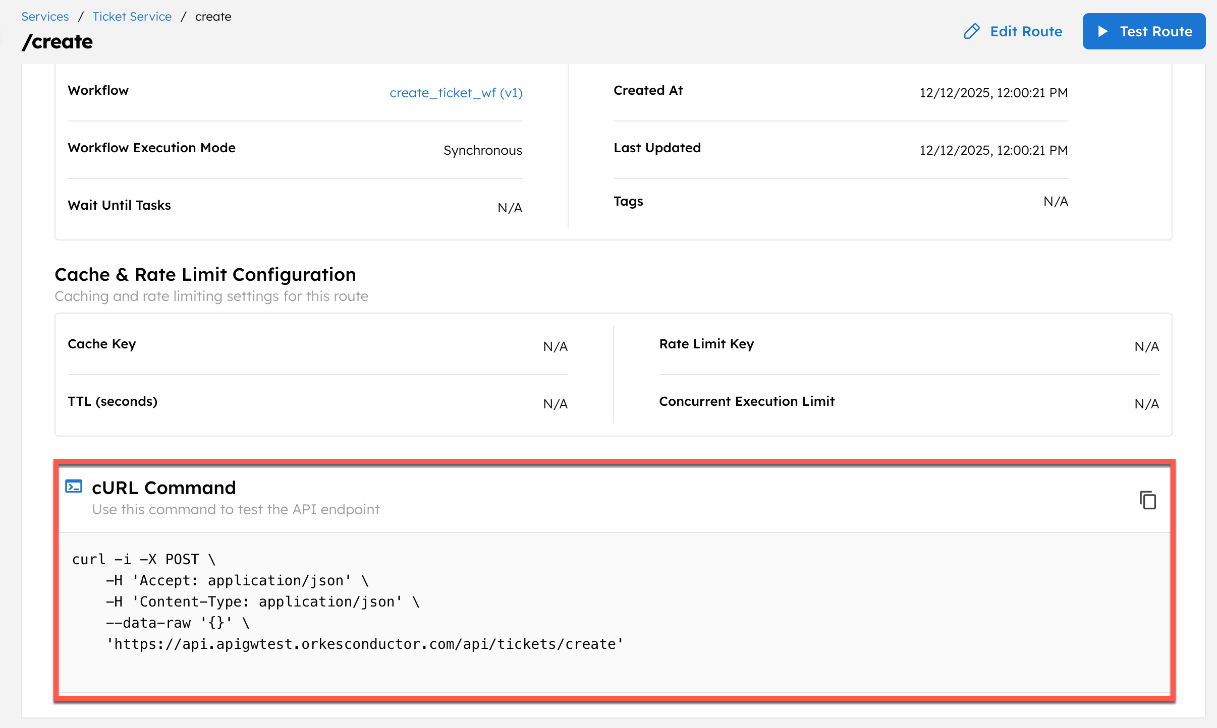 Curl command for the route