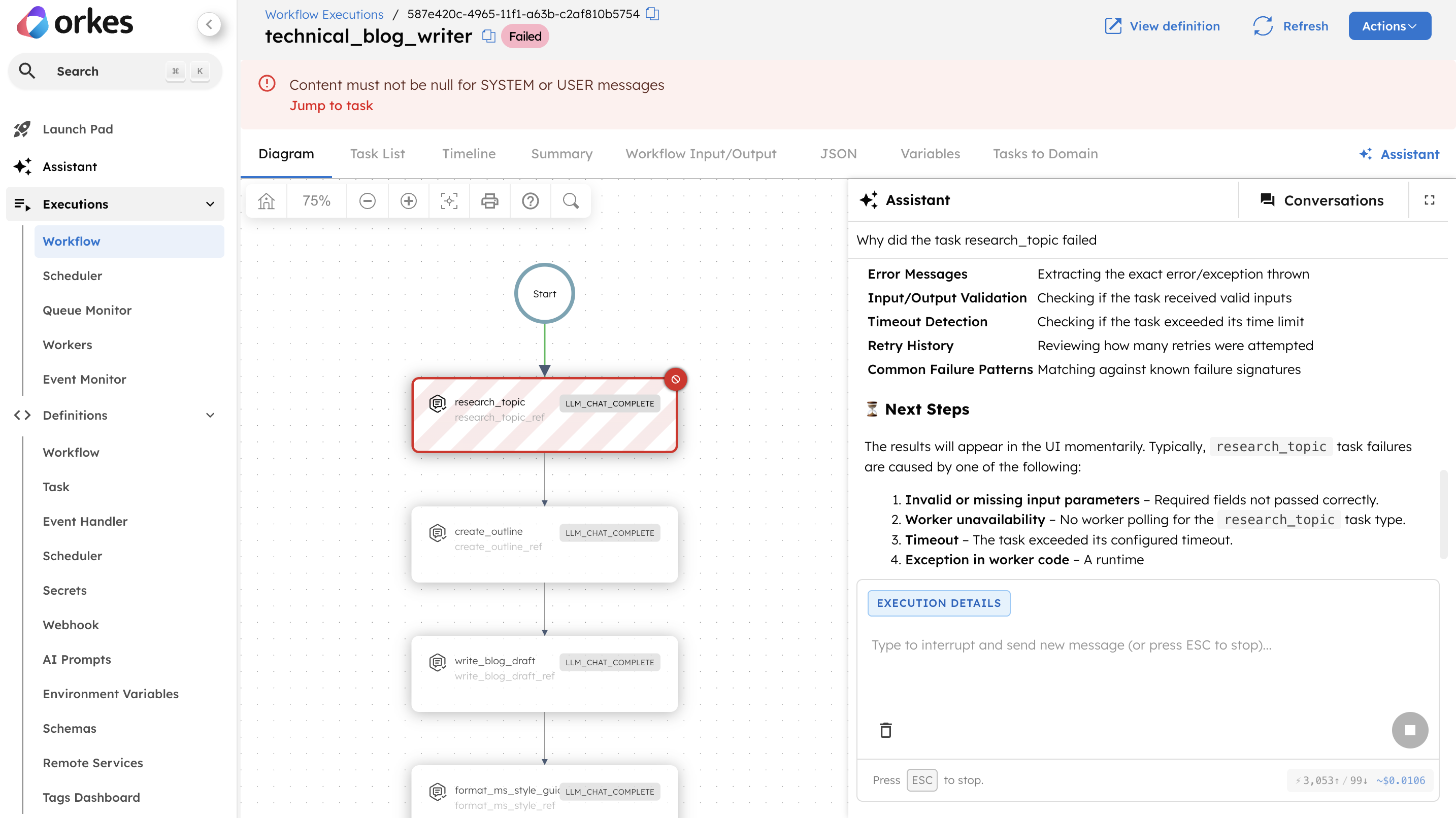 Debug workflows using Assistant from Workflow Executions tab