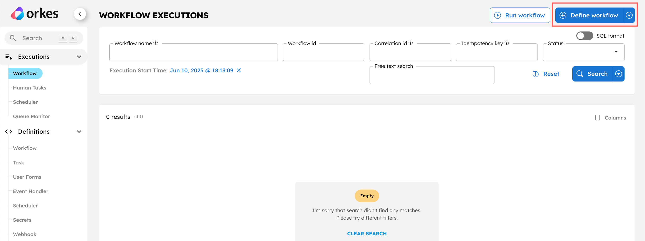 UI screen for Run Workflow in the top navigation menu in Executions > Workflow.