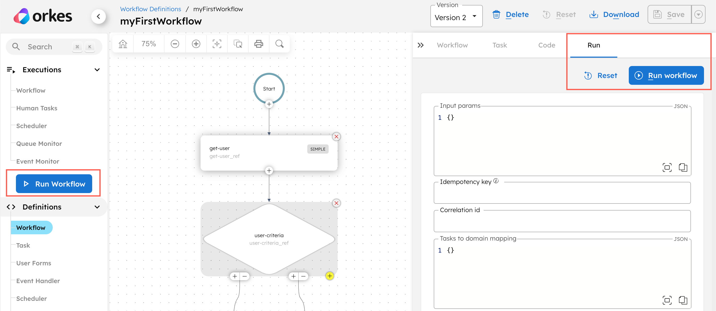 UI screen for before v5.1.2, with Run Workflow in the left navigation menu and Run tab in a workflow definition’s visual diagram editor.