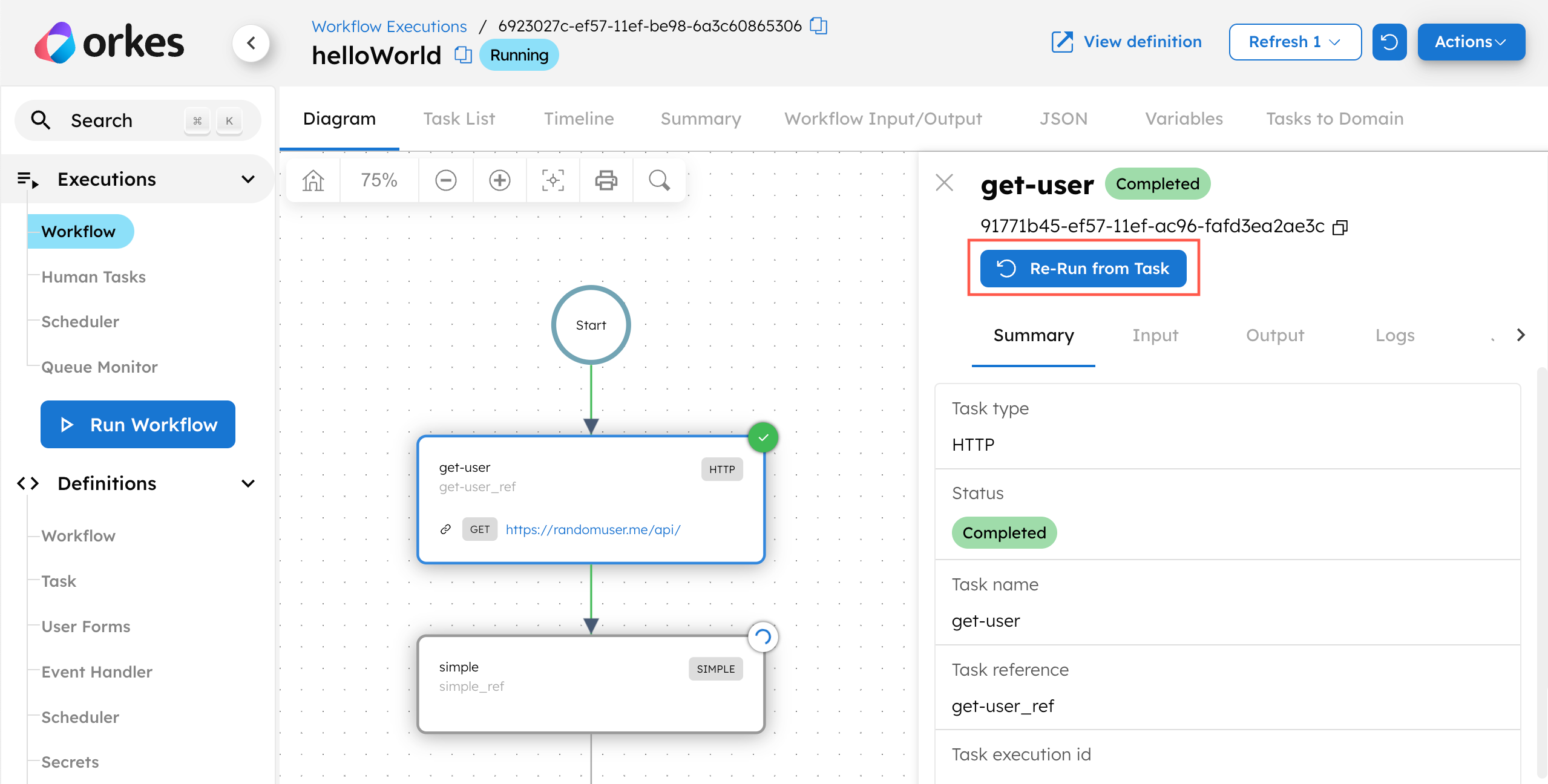 Rerun workflow from task in Conductor UI