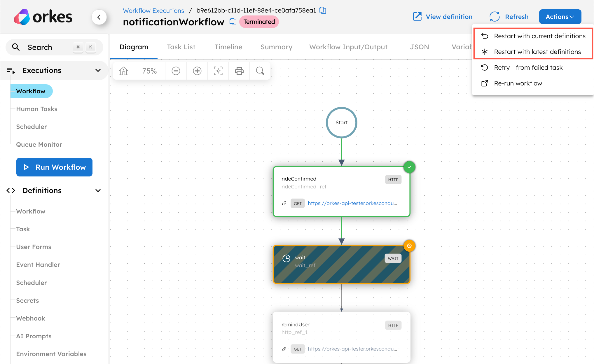 Restarting workflows from UI