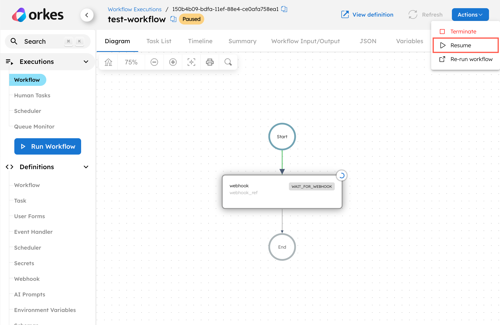 Resuming workflows from UI