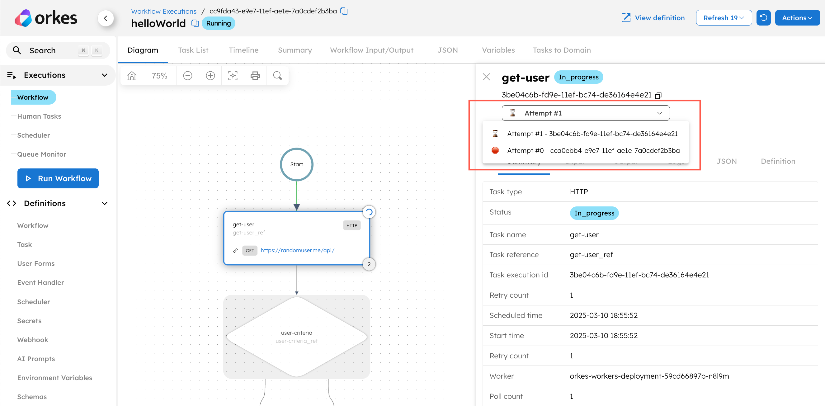 Task attempt dropdown selection.