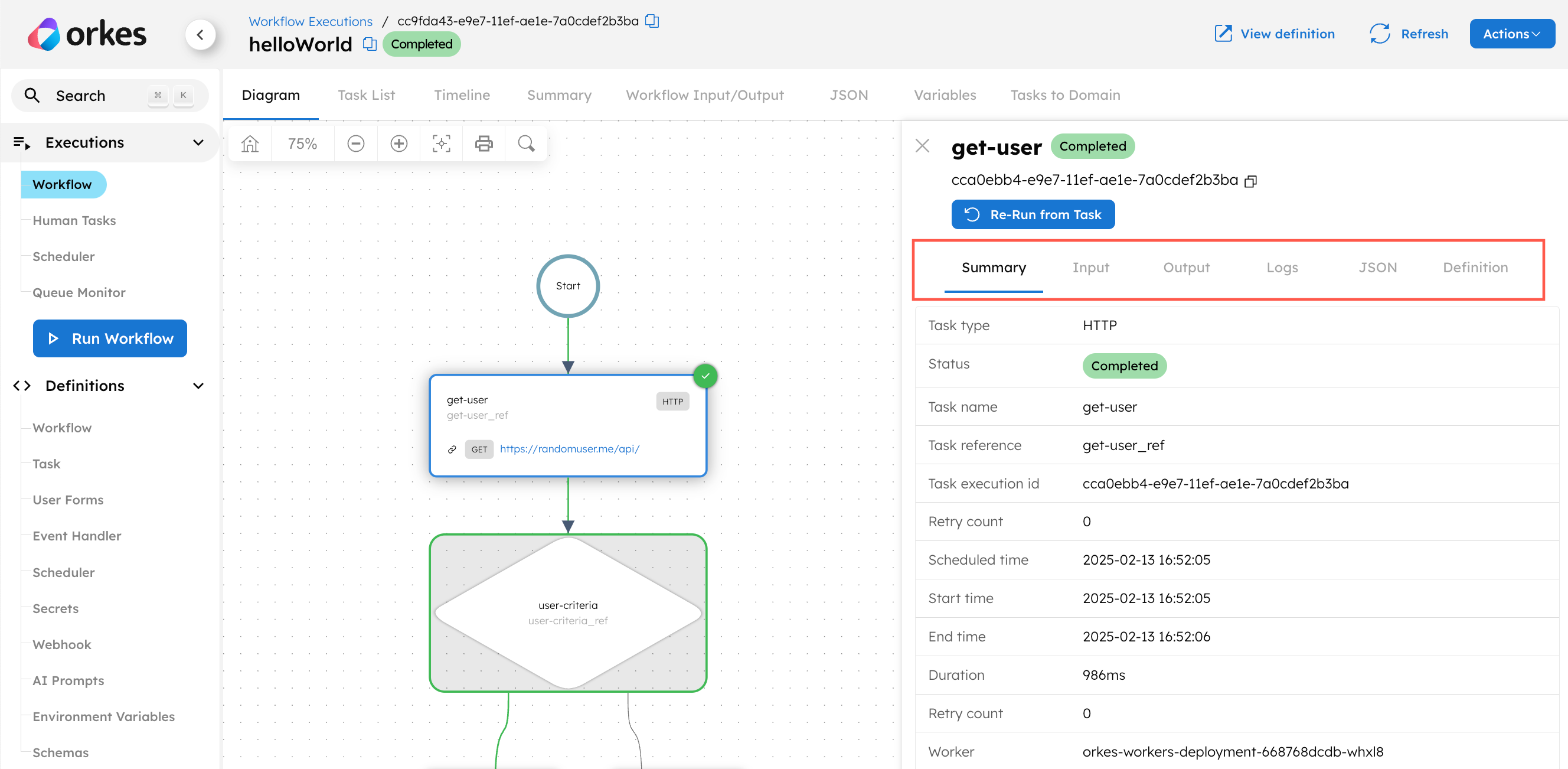 Sample Workflow Executions page, with the task tab details.