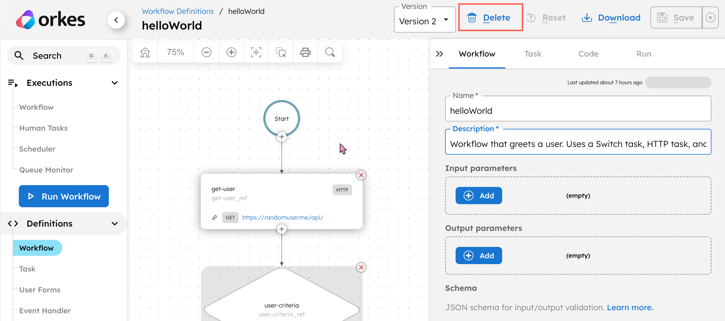 Screenshot of the Orkes Conductor UI, showing the Delete button in the visual workflow editor.