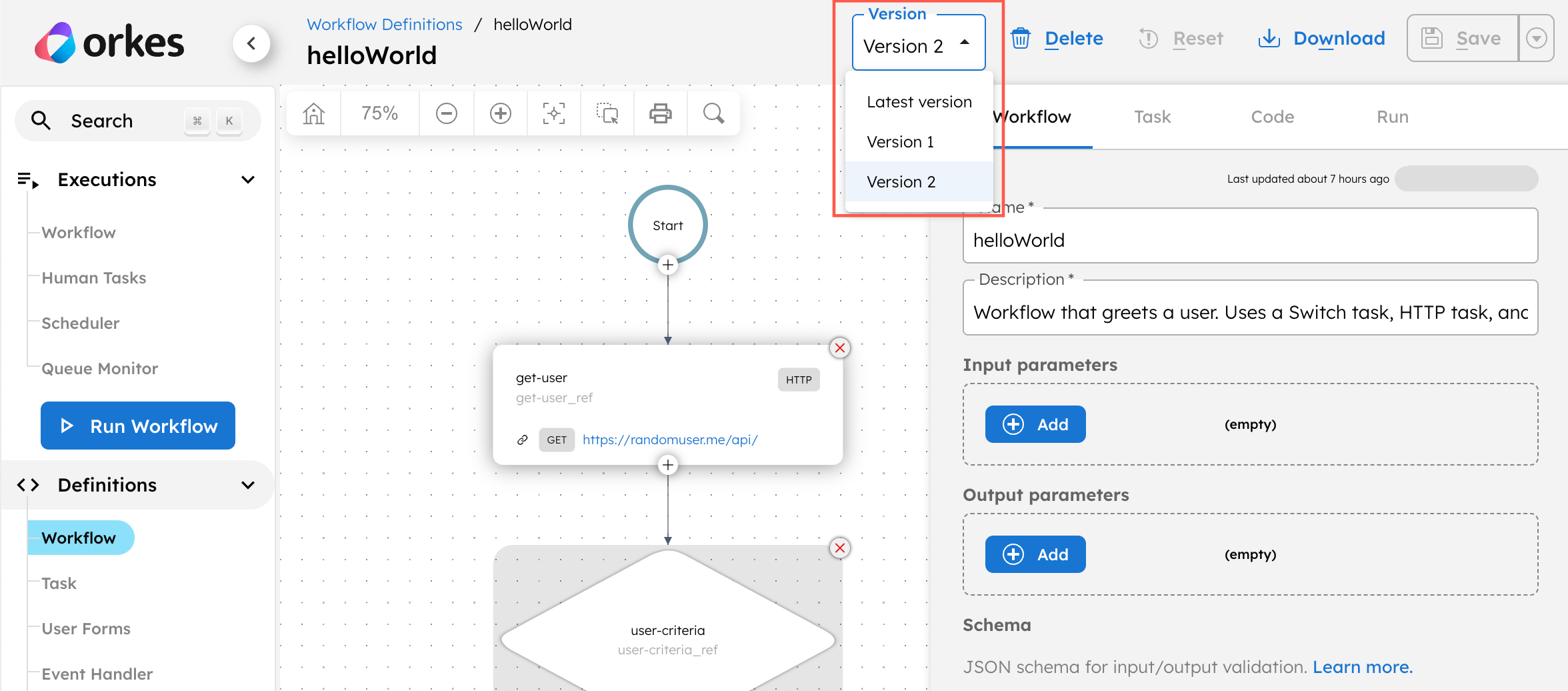 Screenshot of the Orkes Conductor UI, showing the version dropdown view in the visual workflow editor.