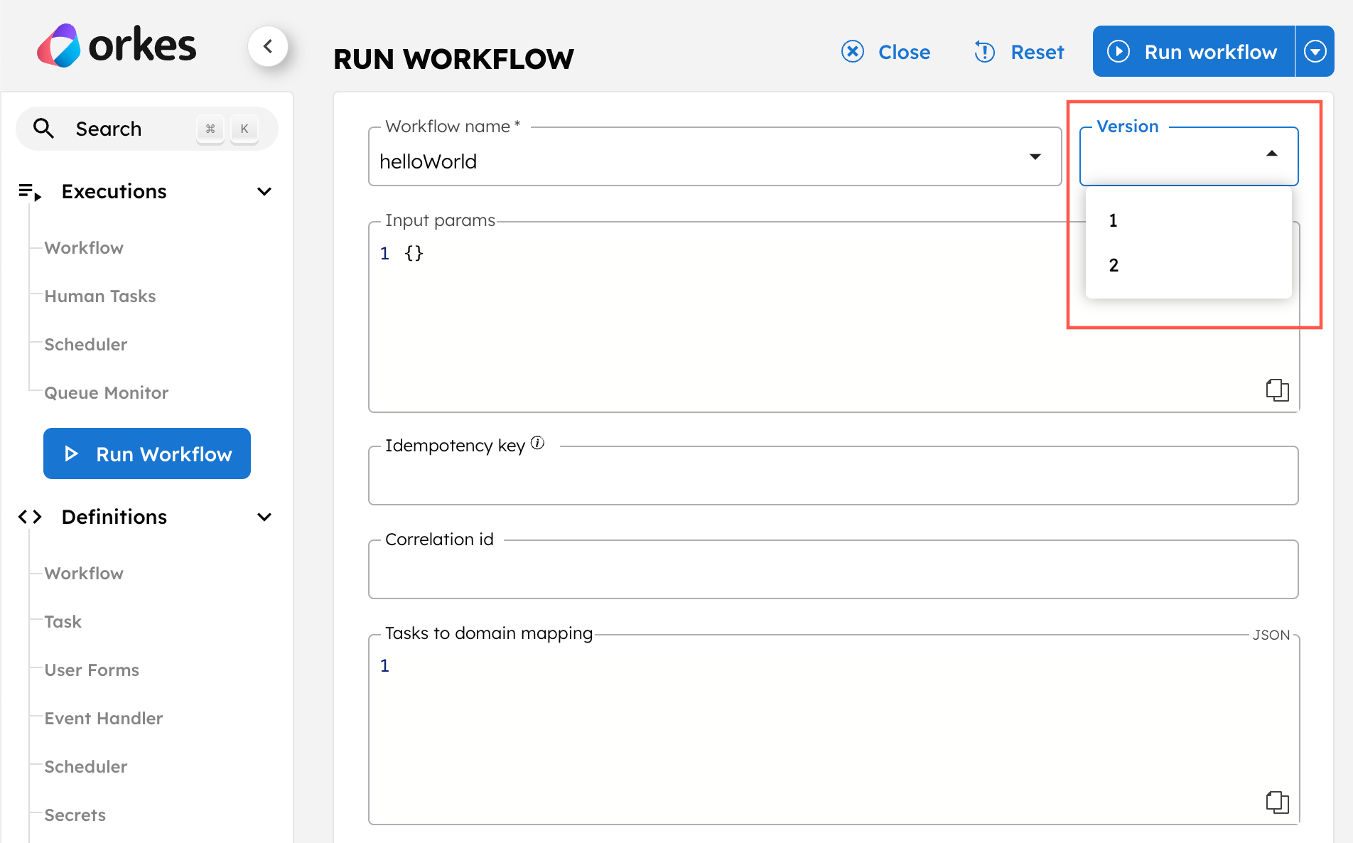 Screenshot of the Run tab in the Orkes Conductor UI, with the version dropdown selection in the visual workflow editor.