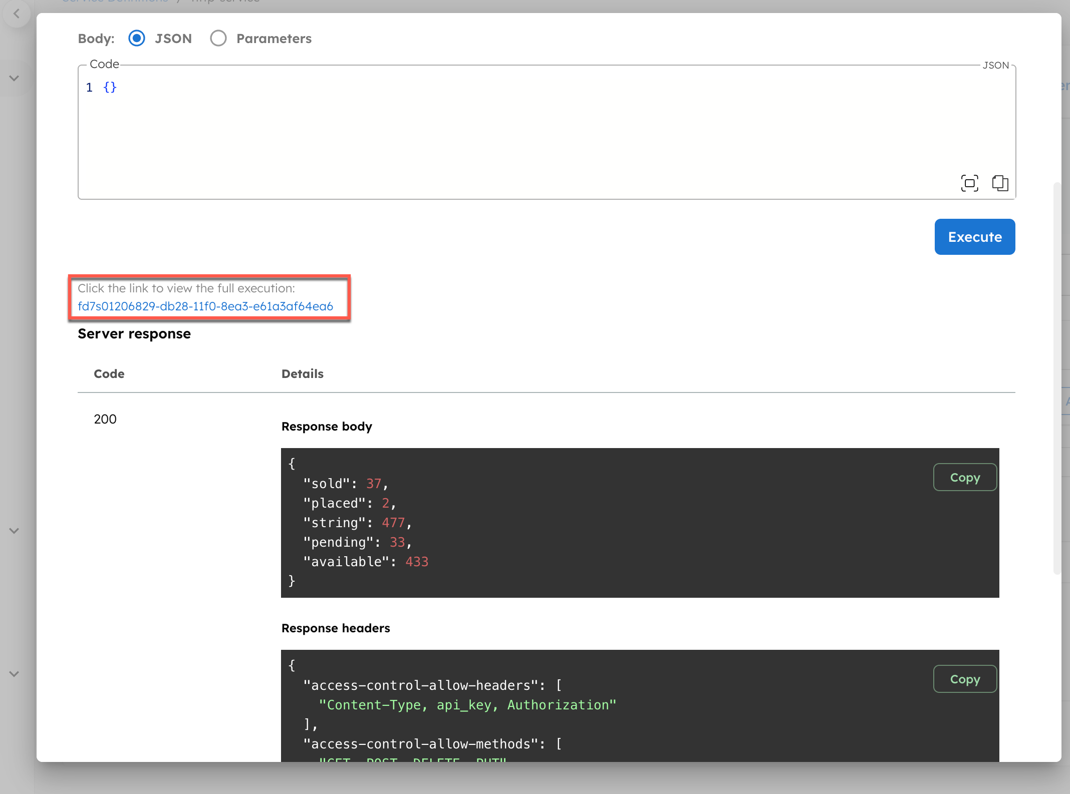 Interface for testing endpoints with sample workflow execution link
