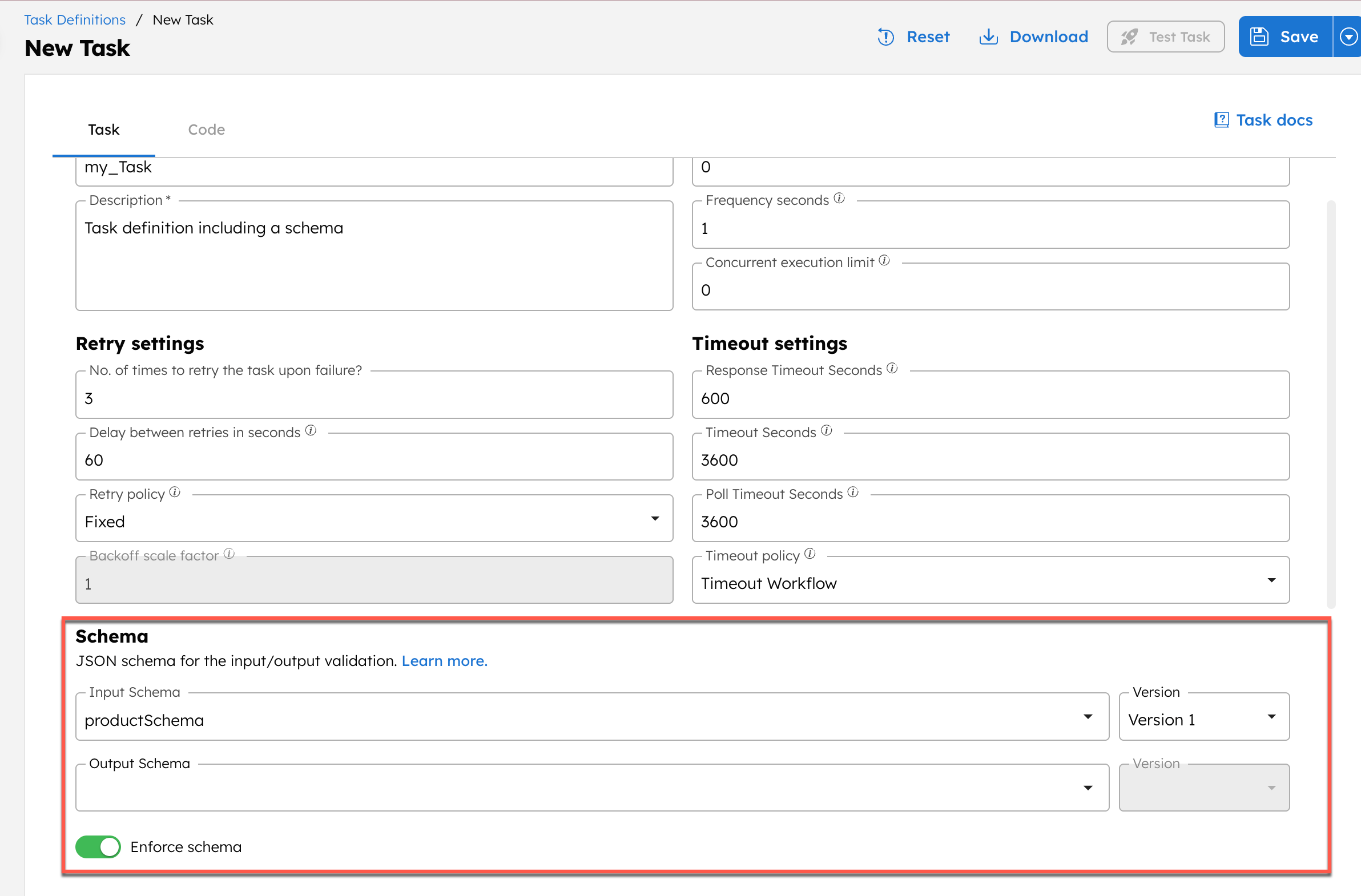 Enforcing schema to a task definition