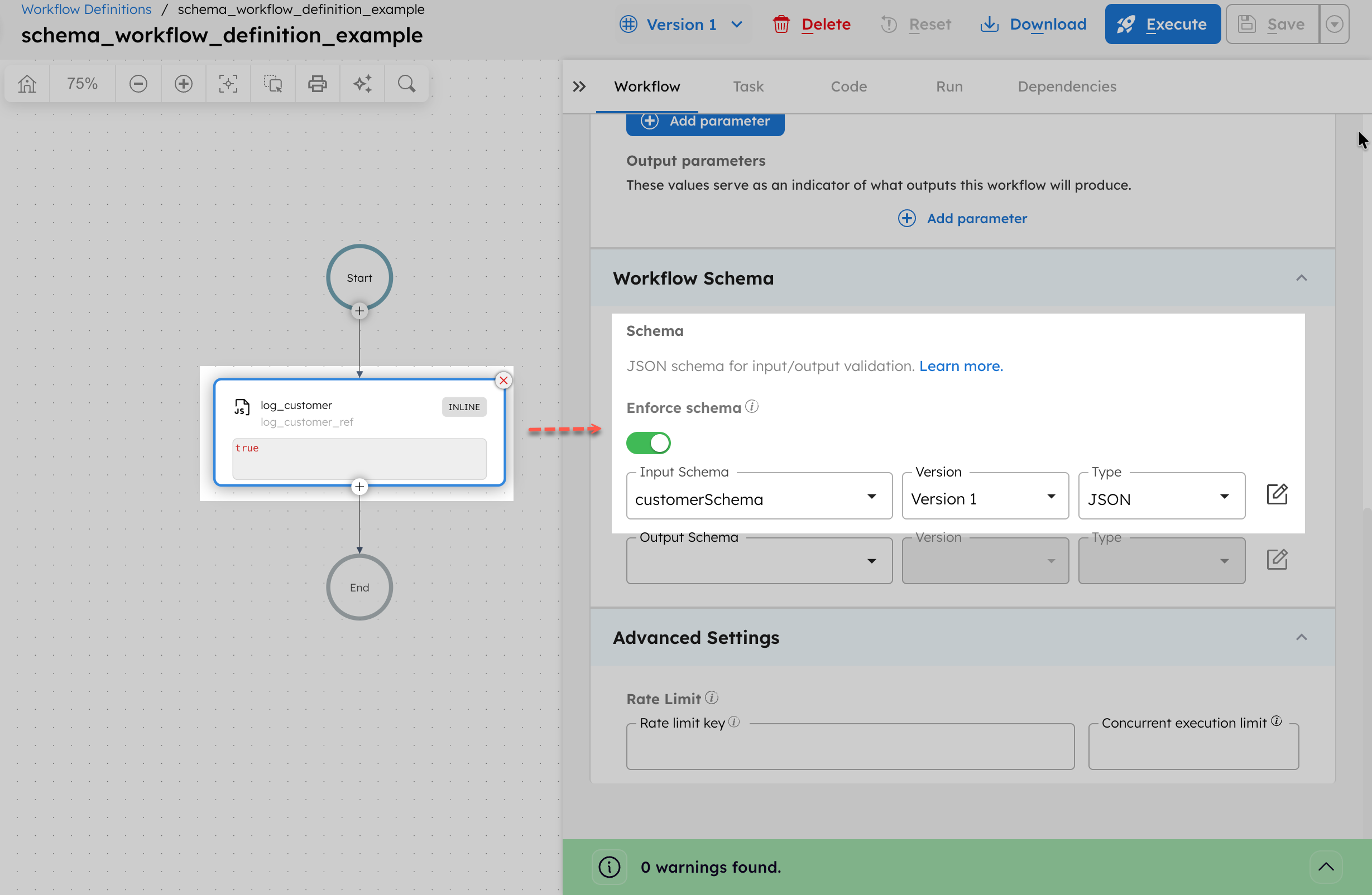 Enforcing schema validation to a workflow definition