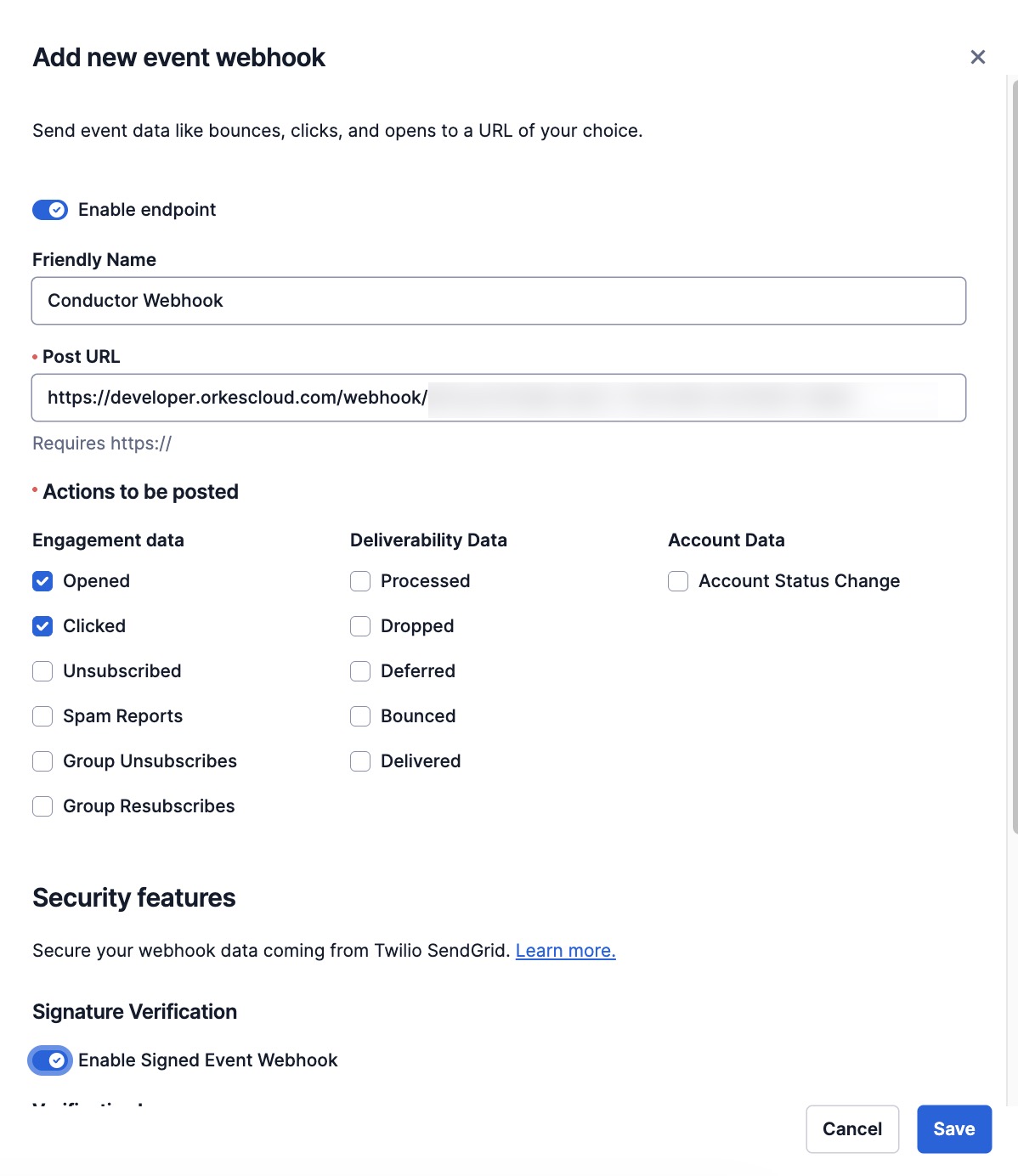 Creating an event webhook in SendGrid platform