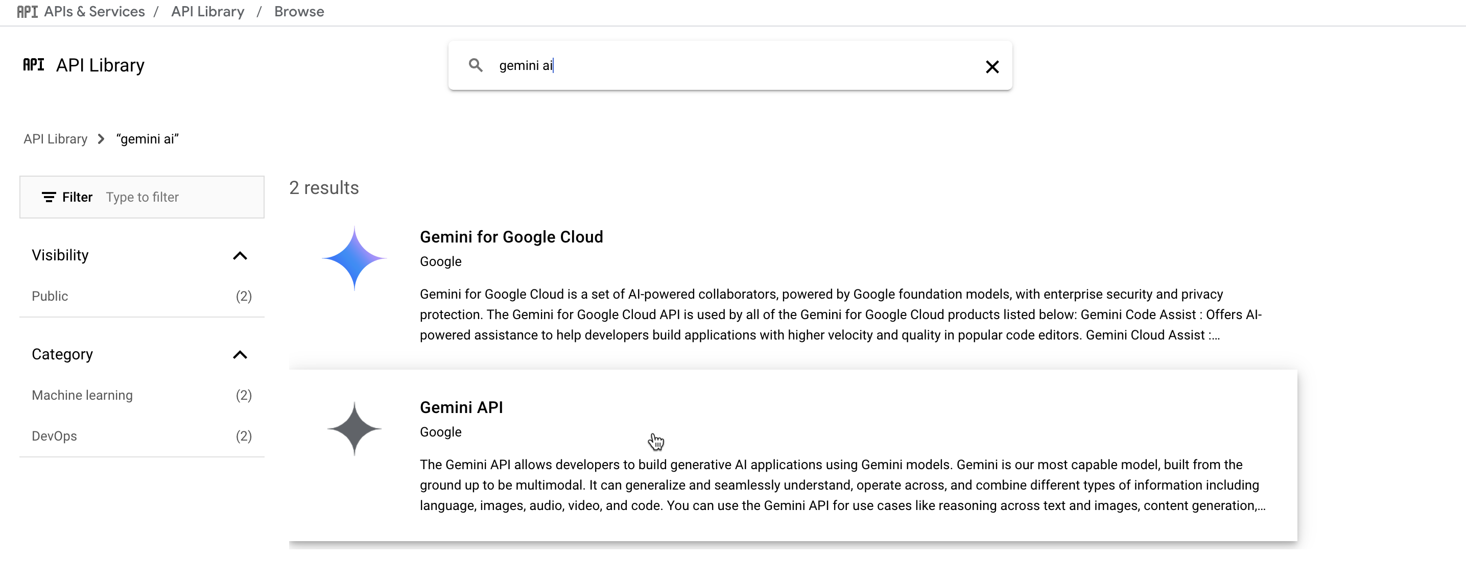 Searching for Gemini API in API Library