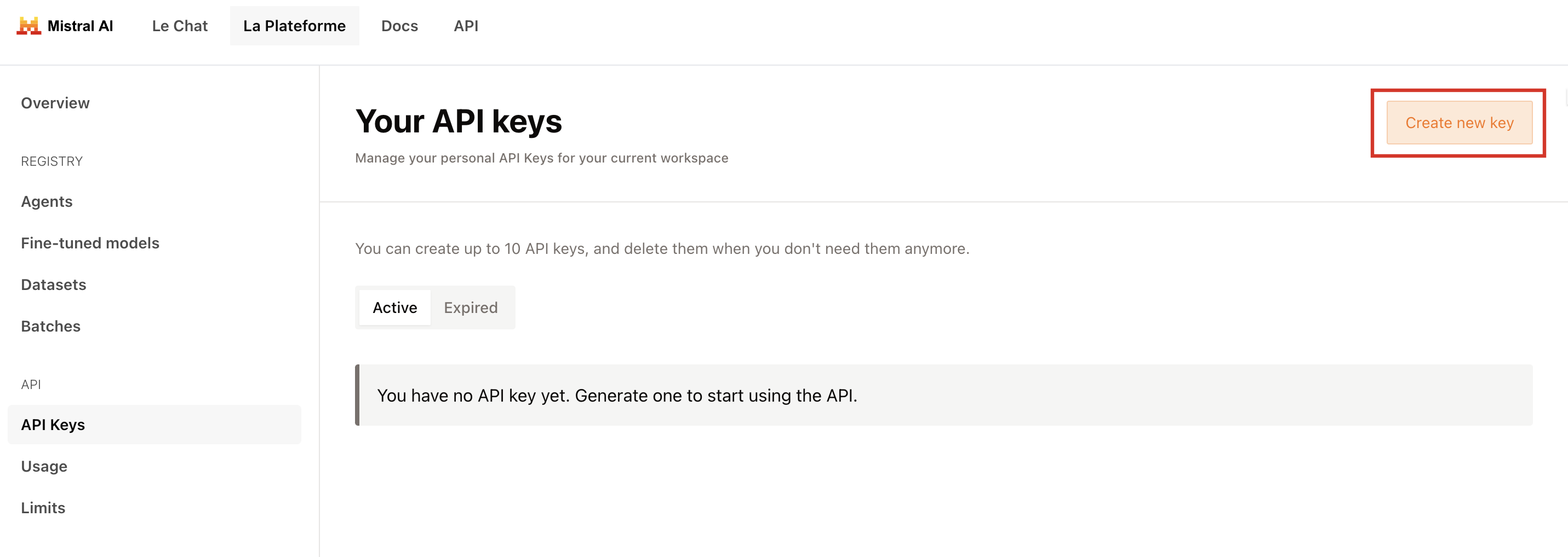 API key creation from Mistral
