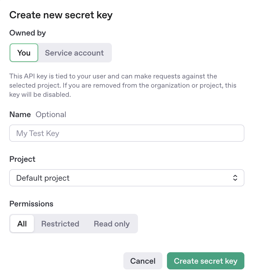 Create new API Keys in OpenAI API platform