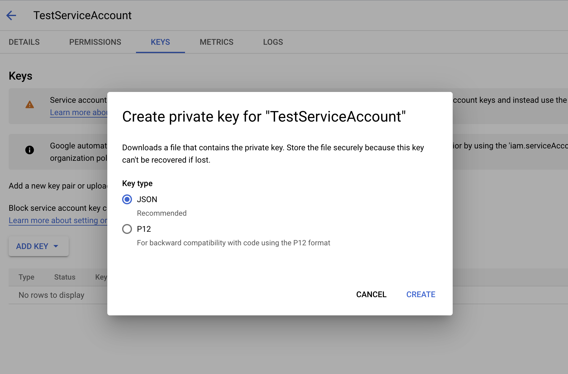 Get Service Account JSON key from Google Cloud Console