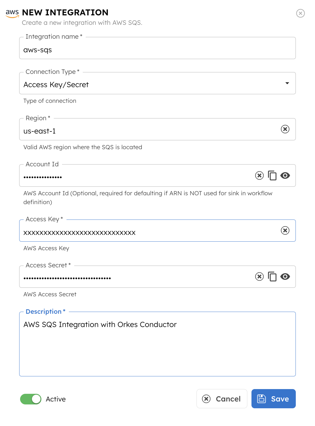 Integration configuration for AWS SQS