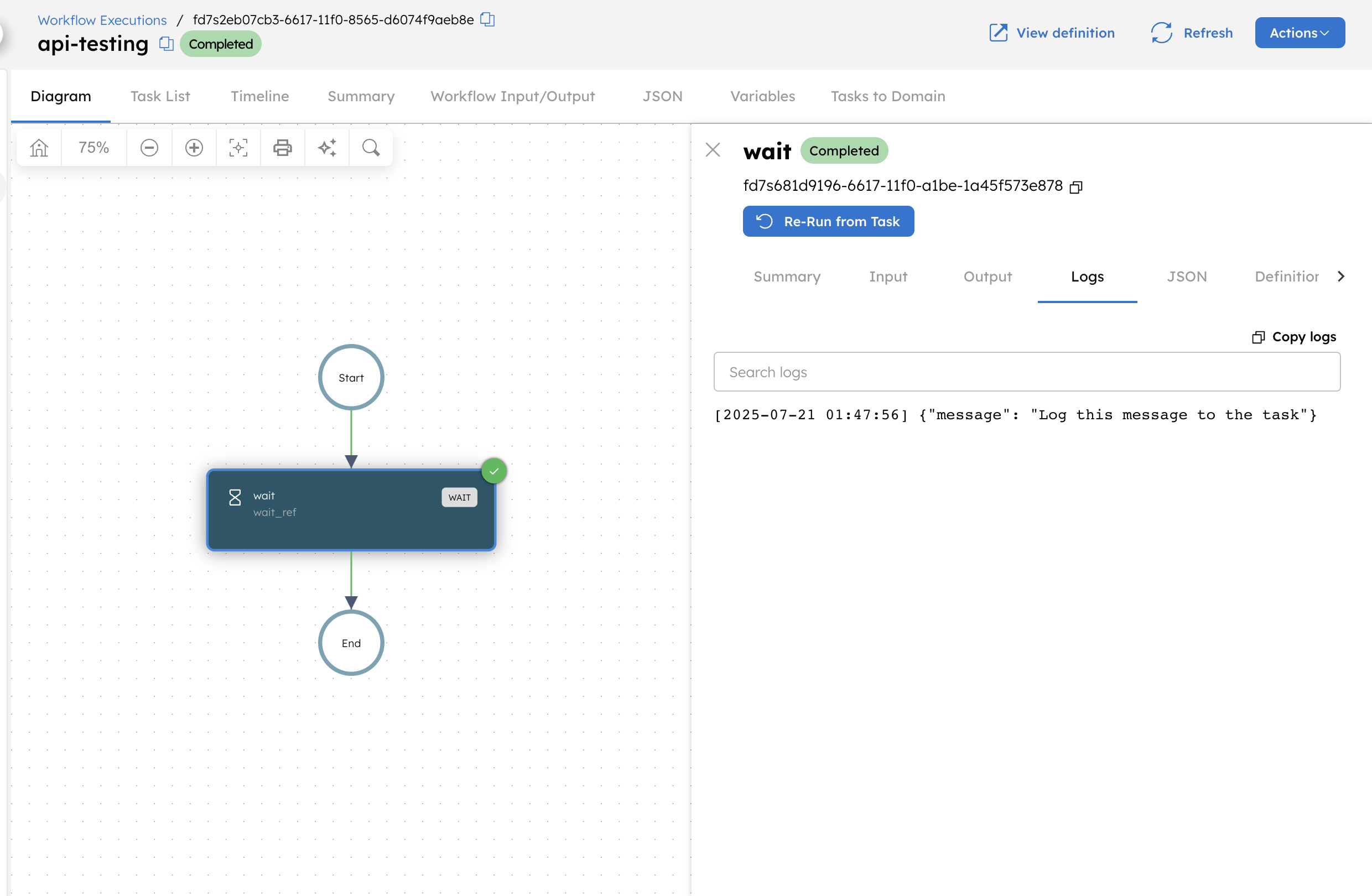 Log messages to task using API