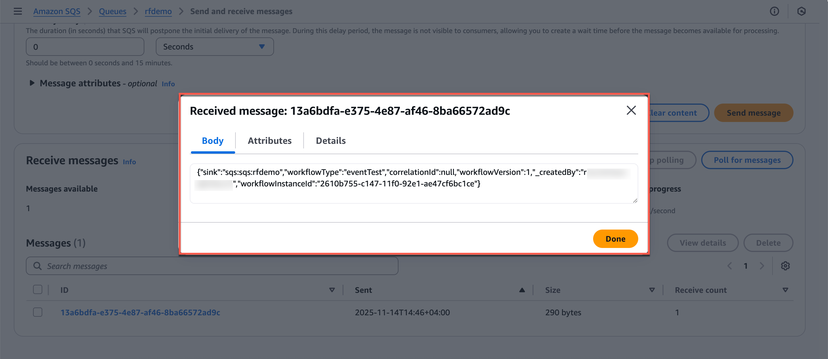 SQS message body received