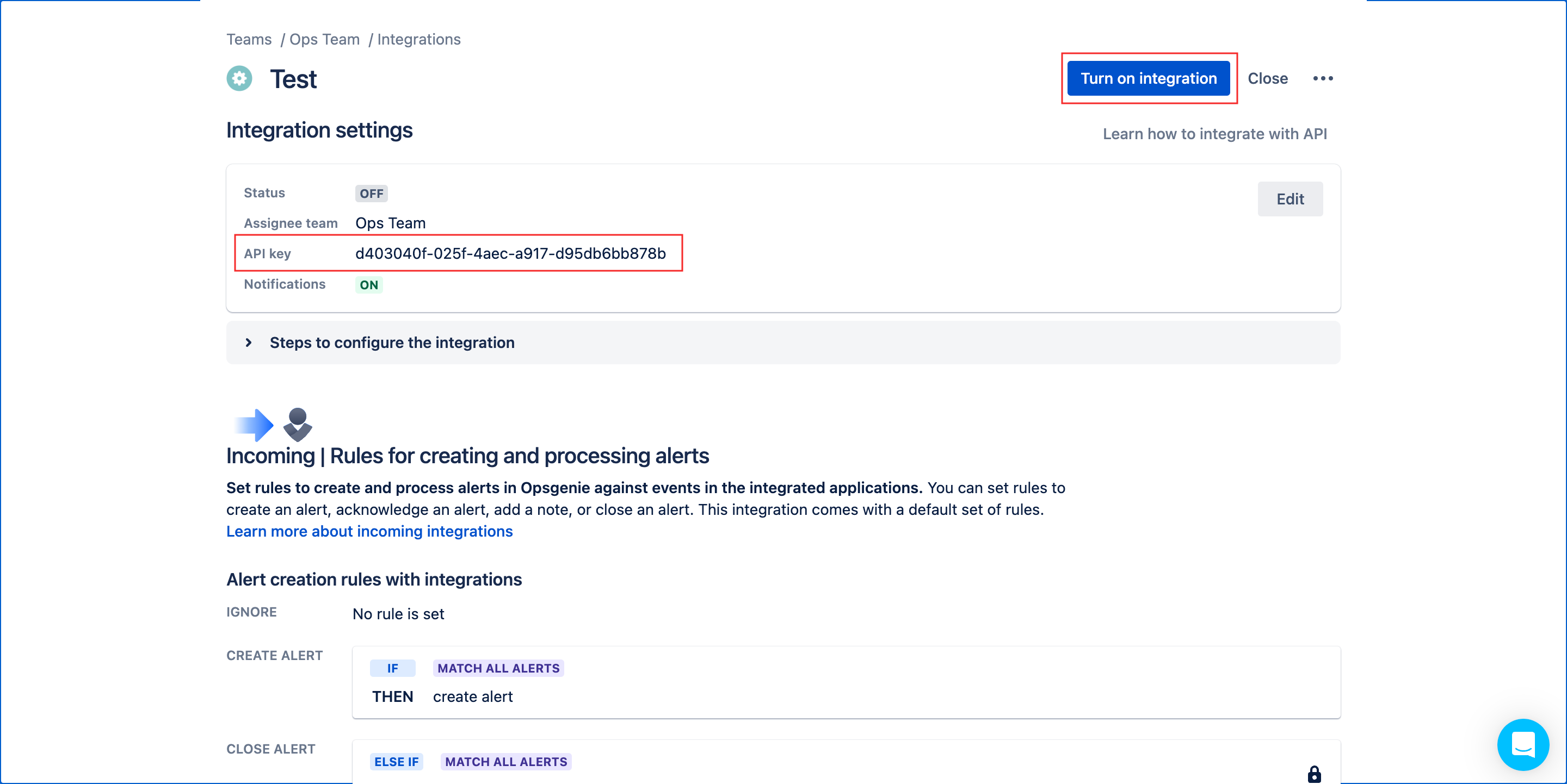 Opsgenie API integration key
