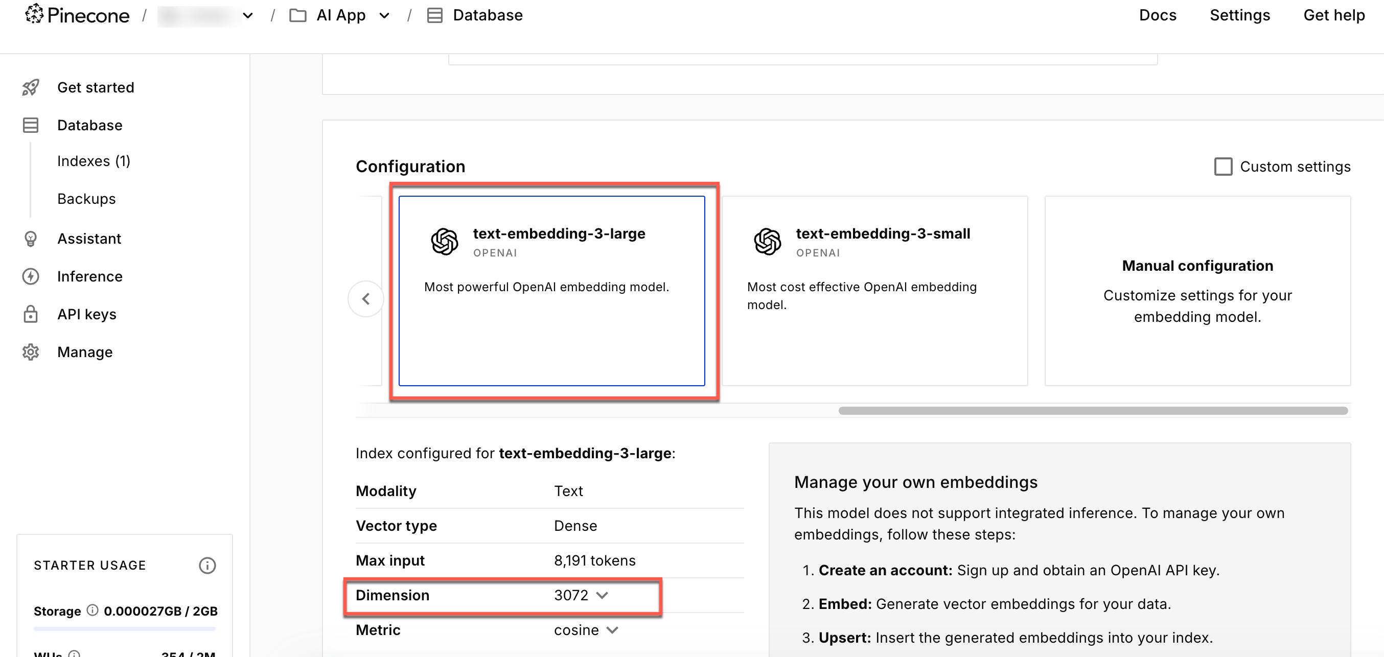 Creating an index in Pinecone