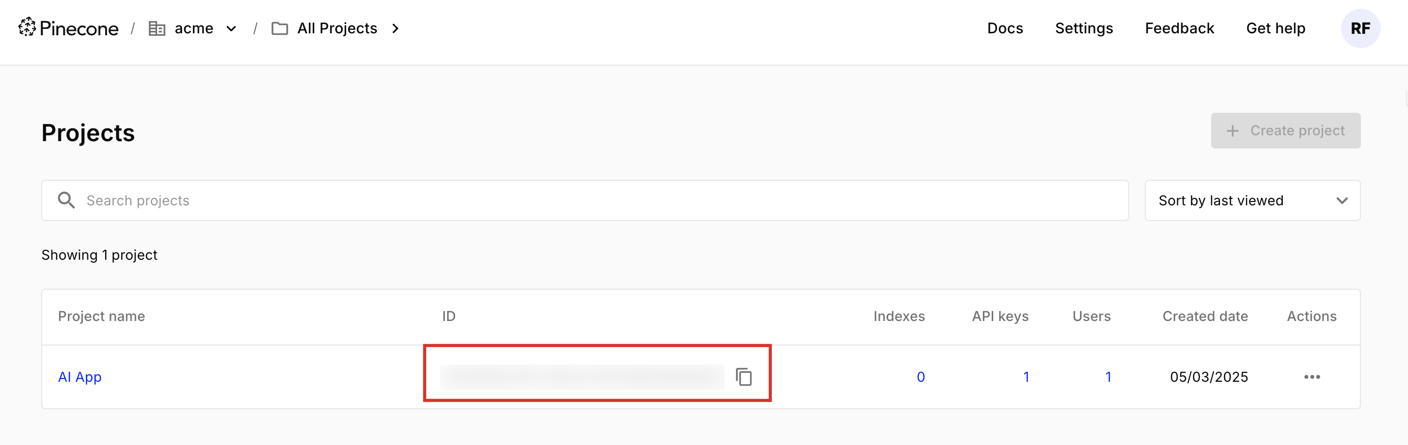 Getting Project ID from Pinecone console