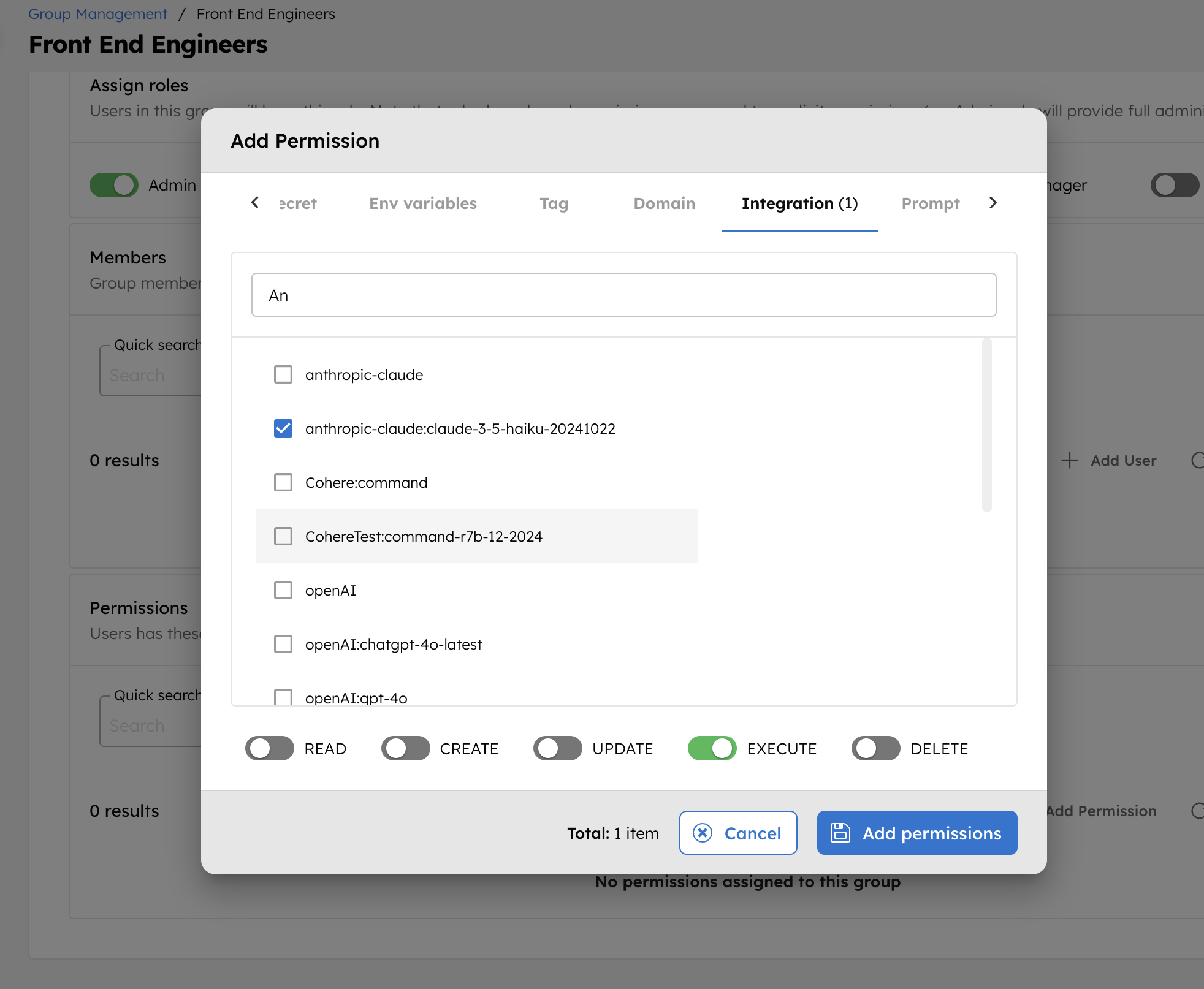 Add Permissions for Integrations