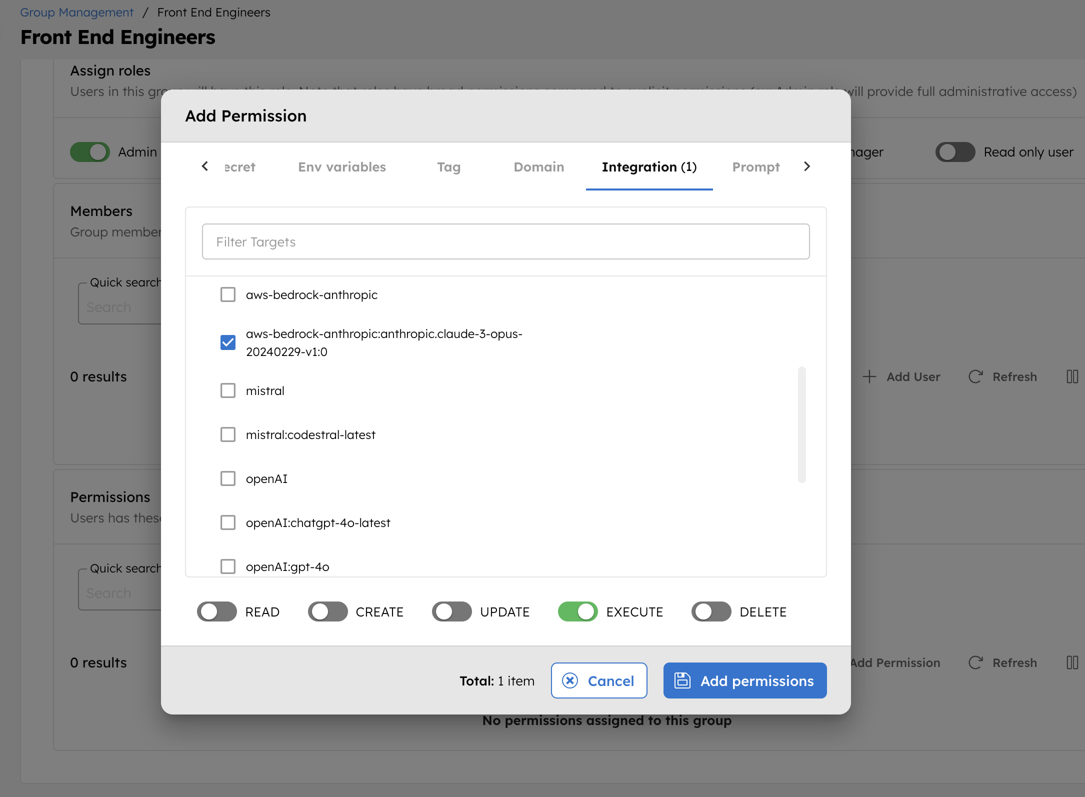 Add Permissions for Integrations