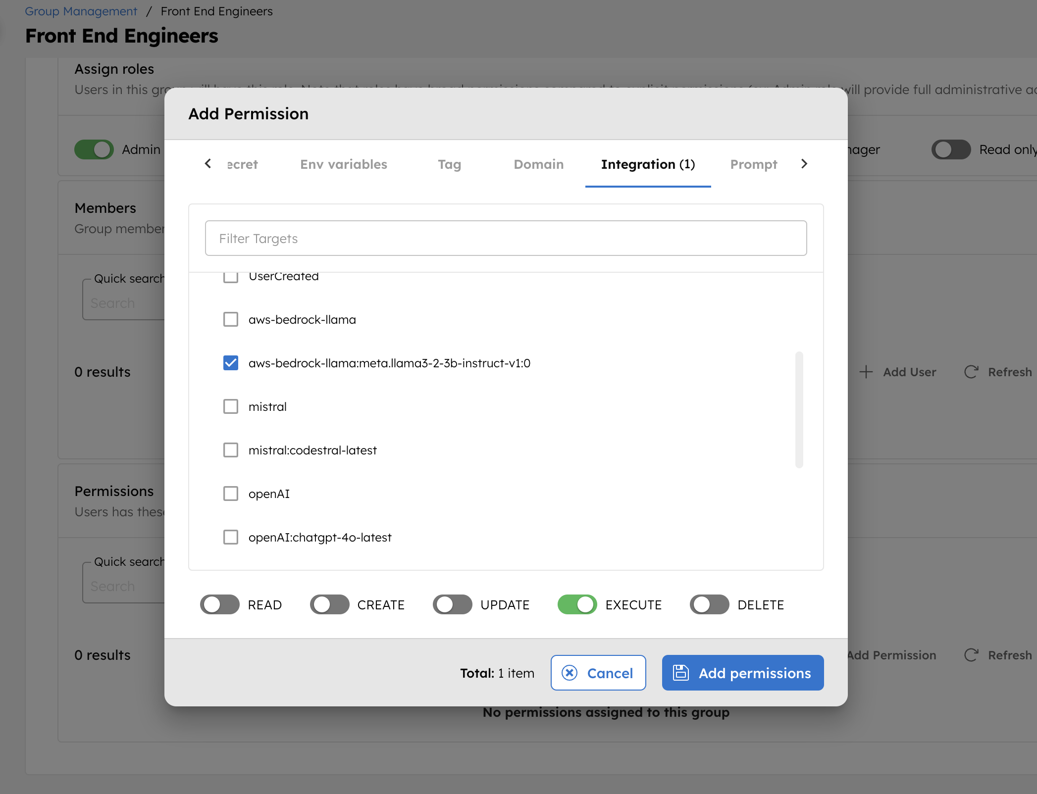 Add Permissions for Integrations