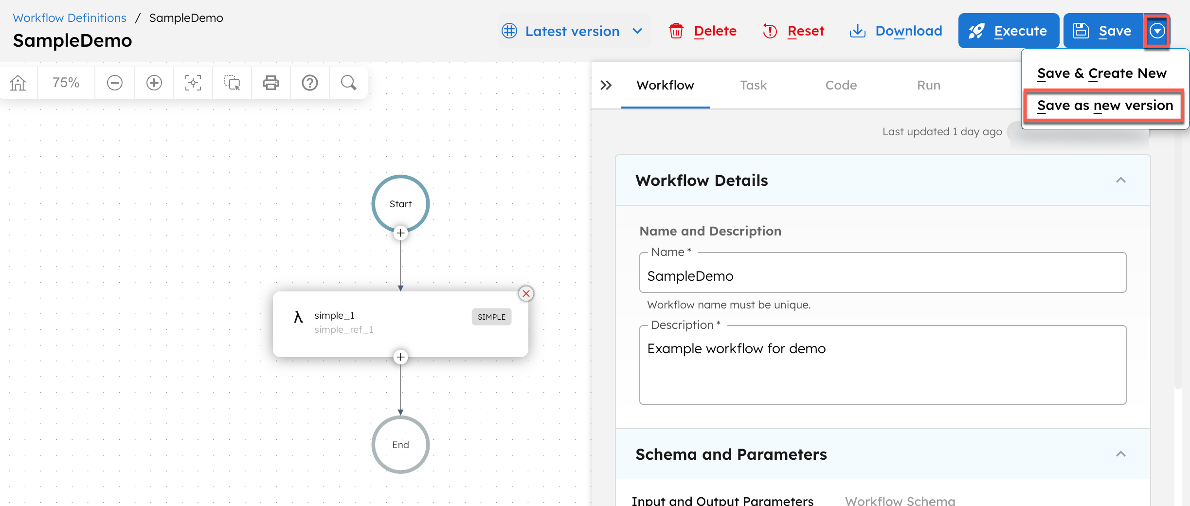 Screenshot of the Orkes Conductor UI, showing the Save as new version button.