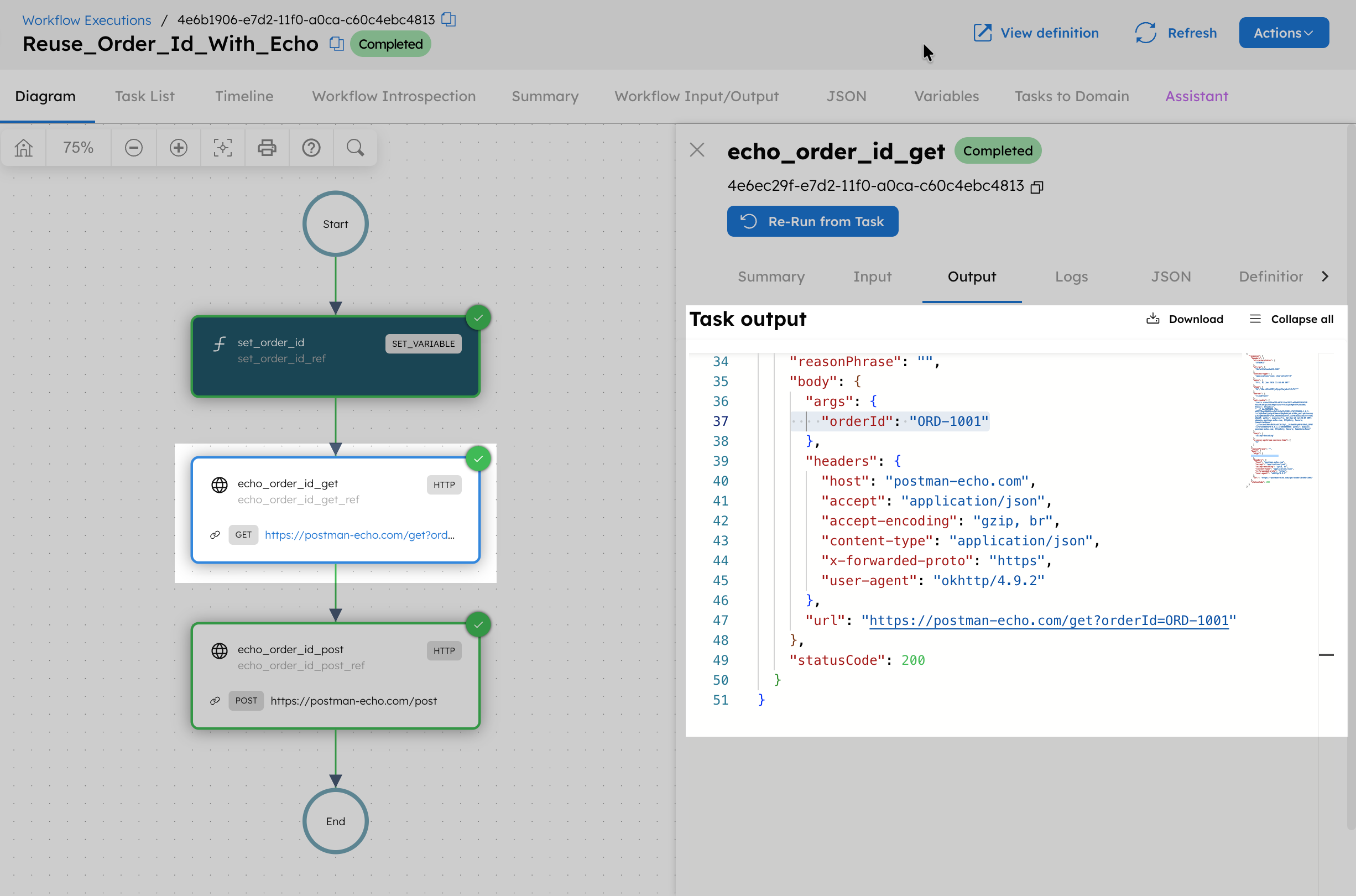 Task output verifying that the variable was passed.