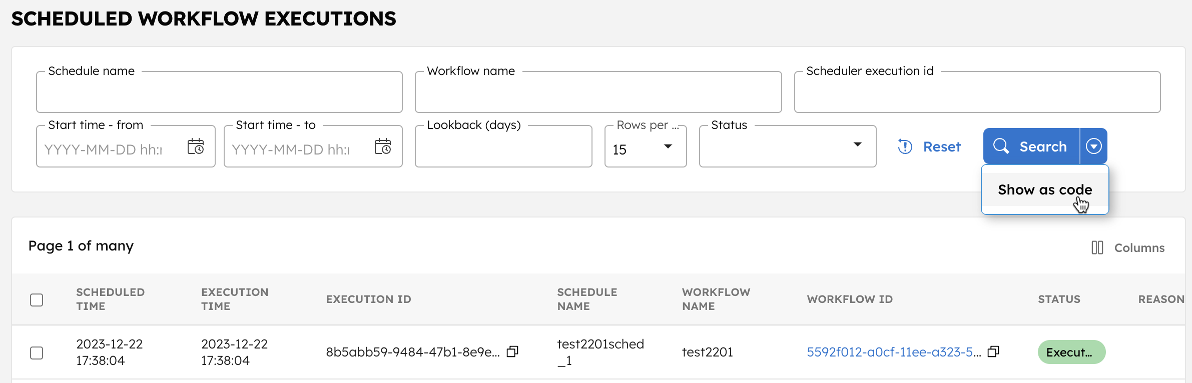 Show as code scheduler workflow executions