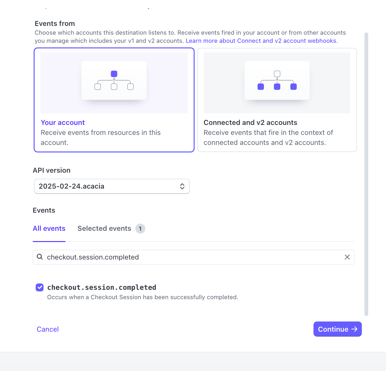 Configuring events for Stripe webhook